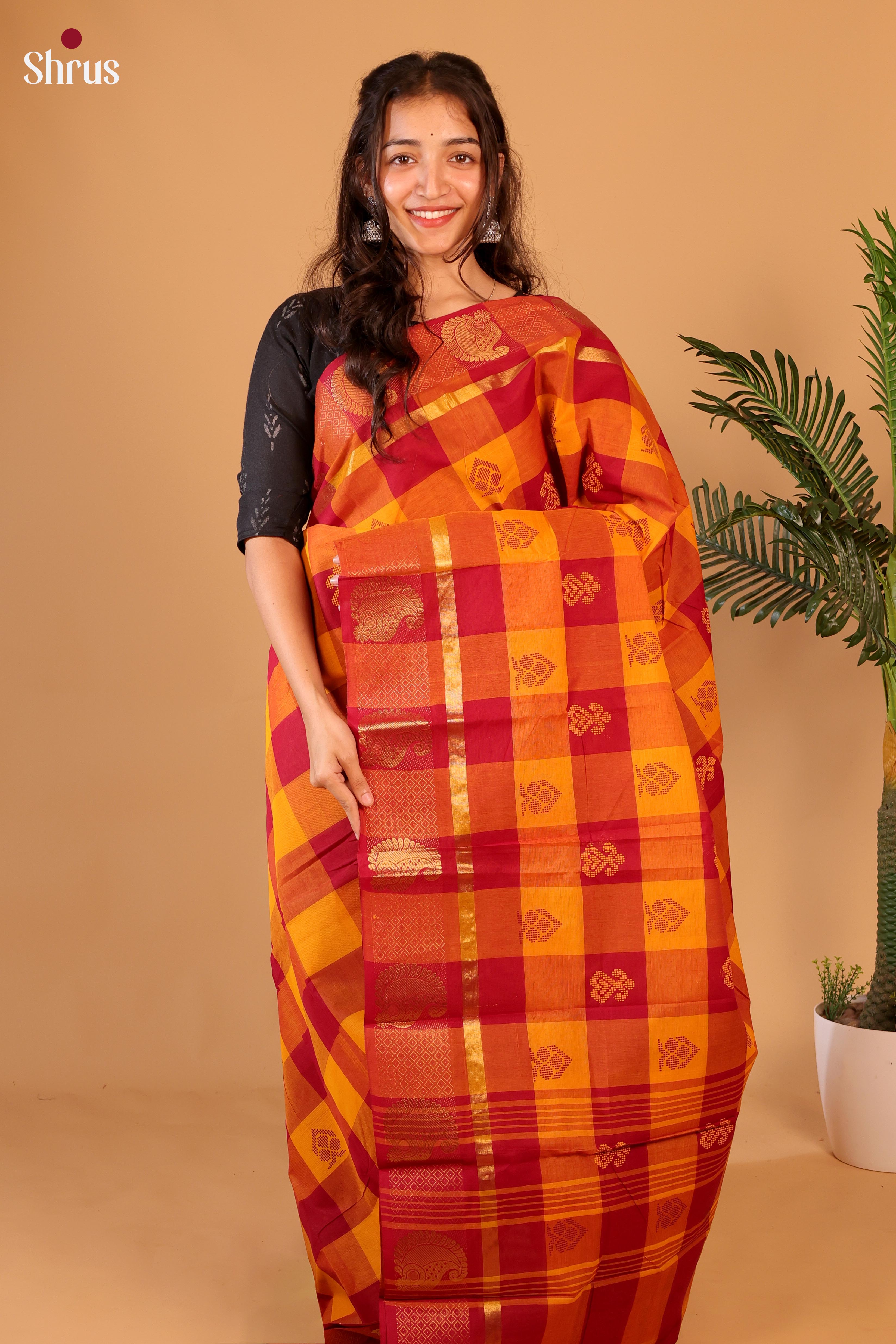Red & Mustard - Chettinad Cotton Saree - Shop on Shrus.com