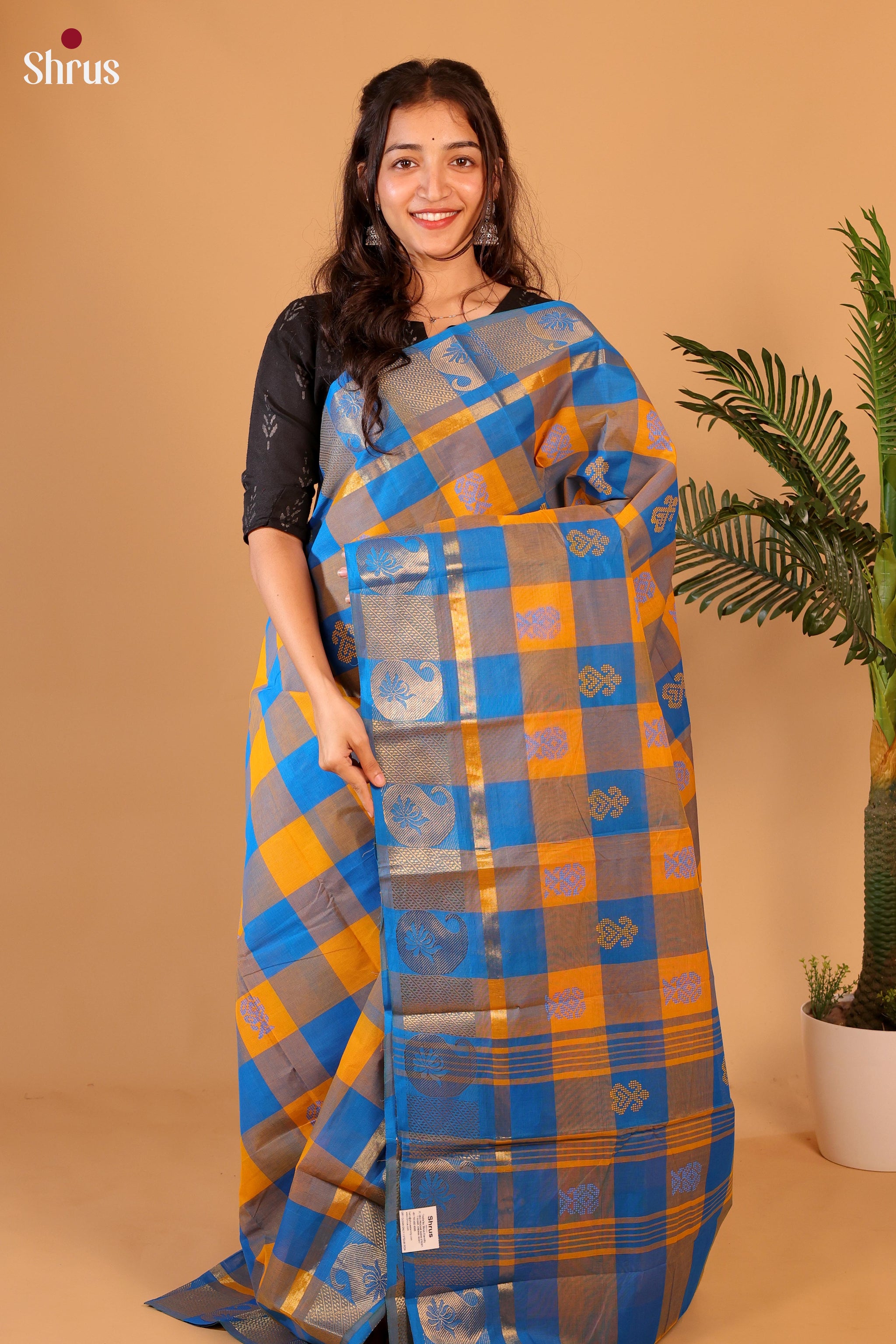 Kalyani Cotton Saree - Mustard with Blue