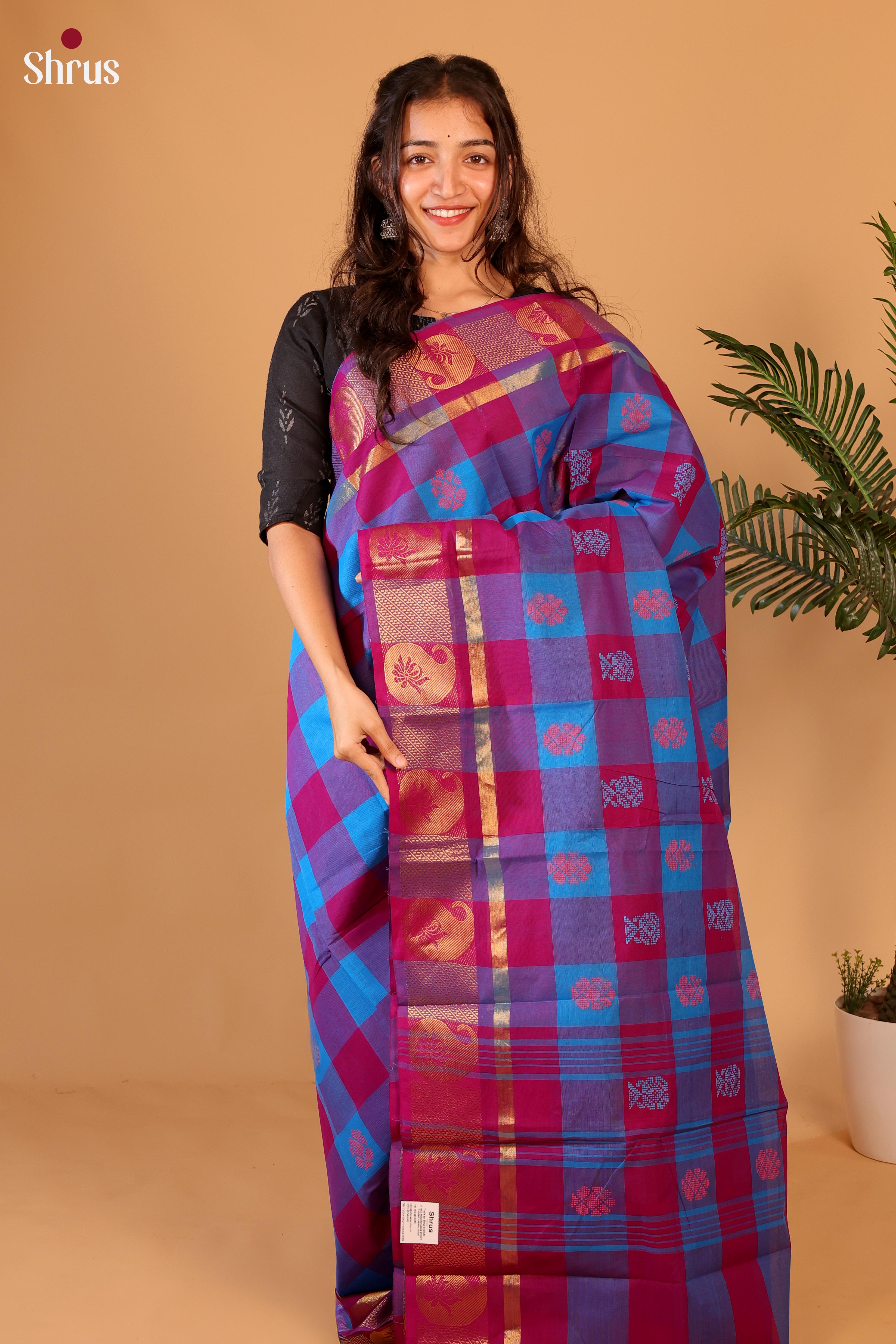 Blue & Maroon - Chettinad Cotton Saree - Shop on Shrus.com