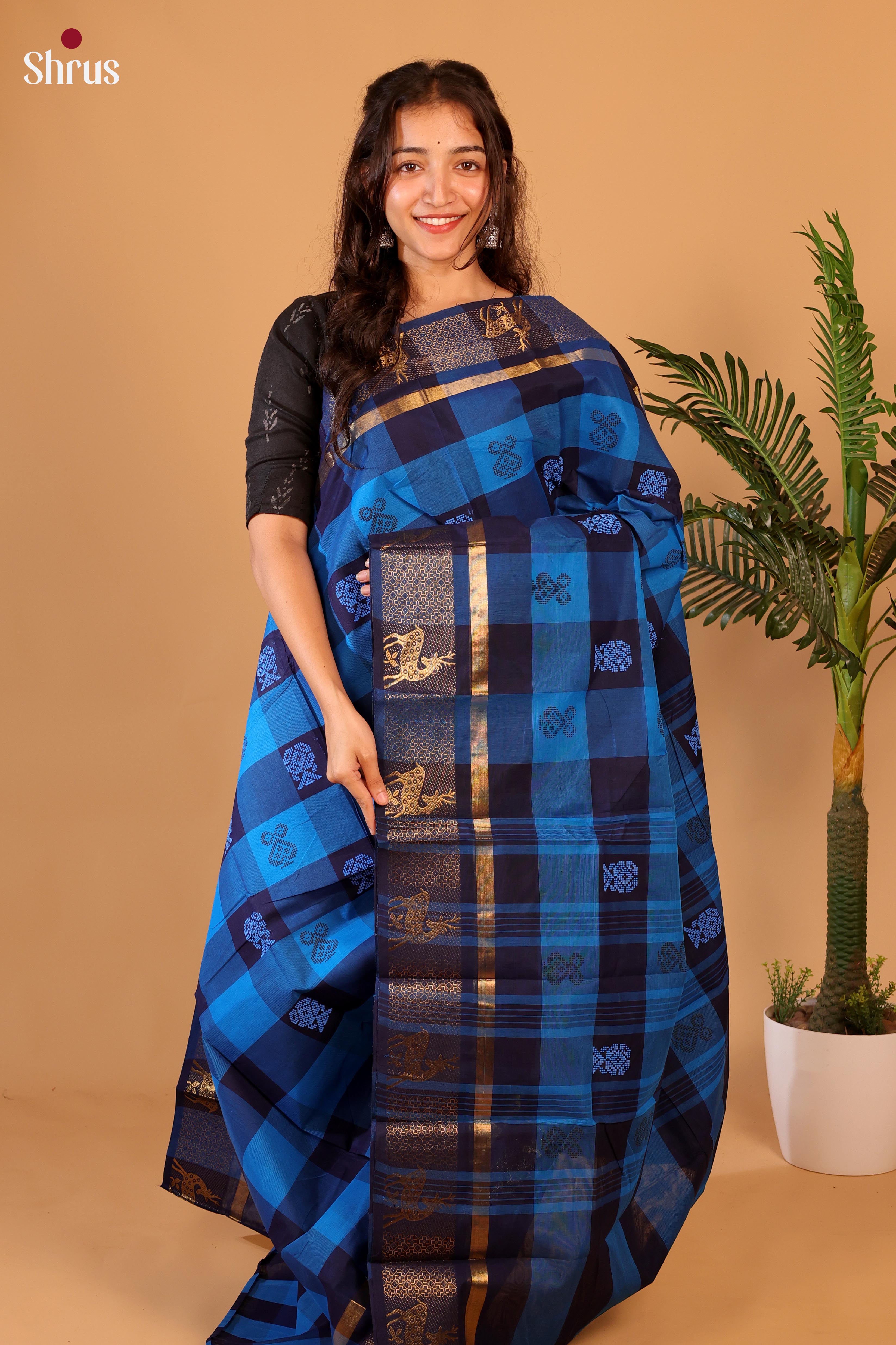 Blue & Black - Chettinad Cotton Saree - Shop on Shrus.com