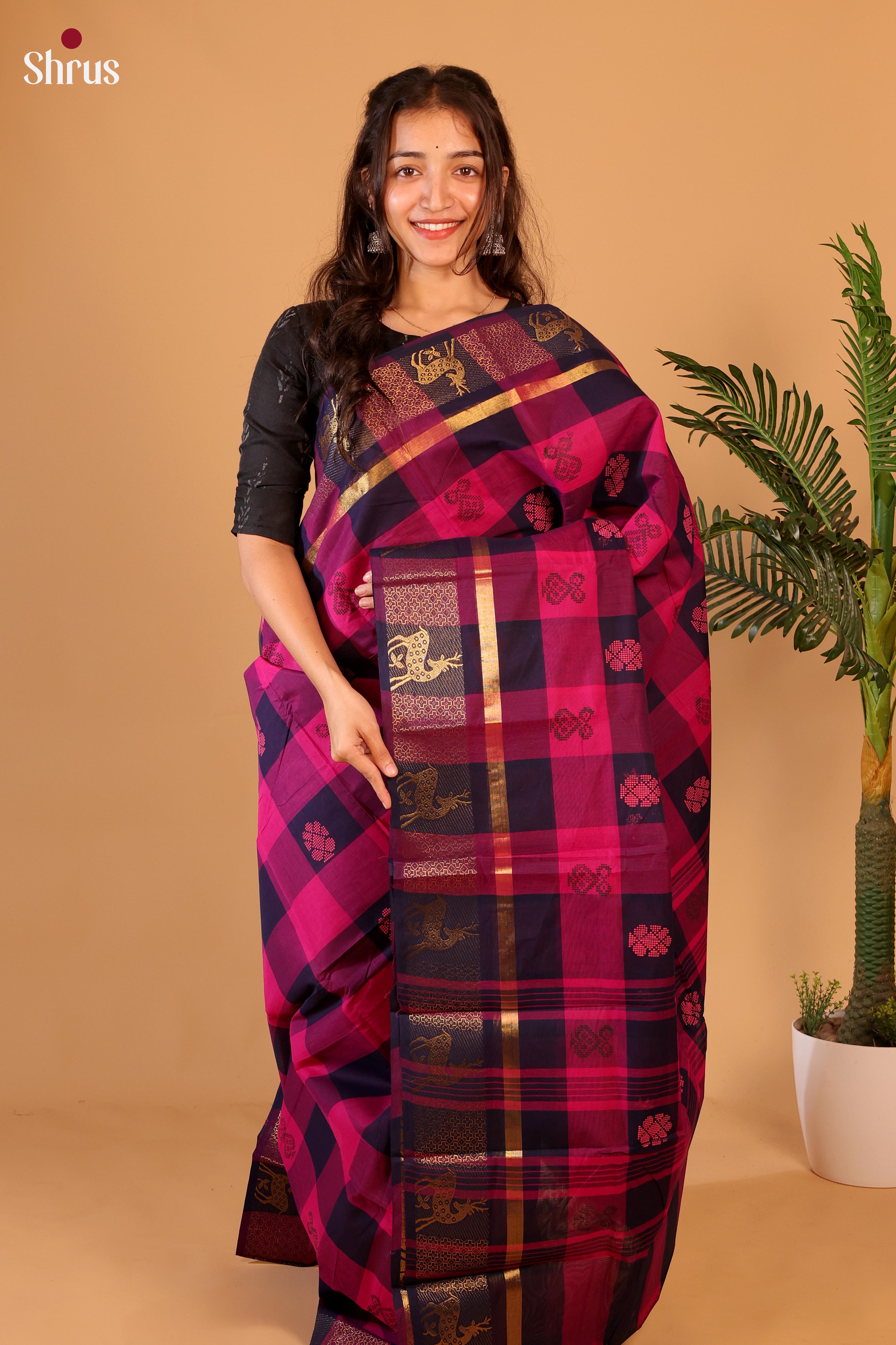 Pink & Black - Chettinad Cotton Saree - Shop on Shrus.com