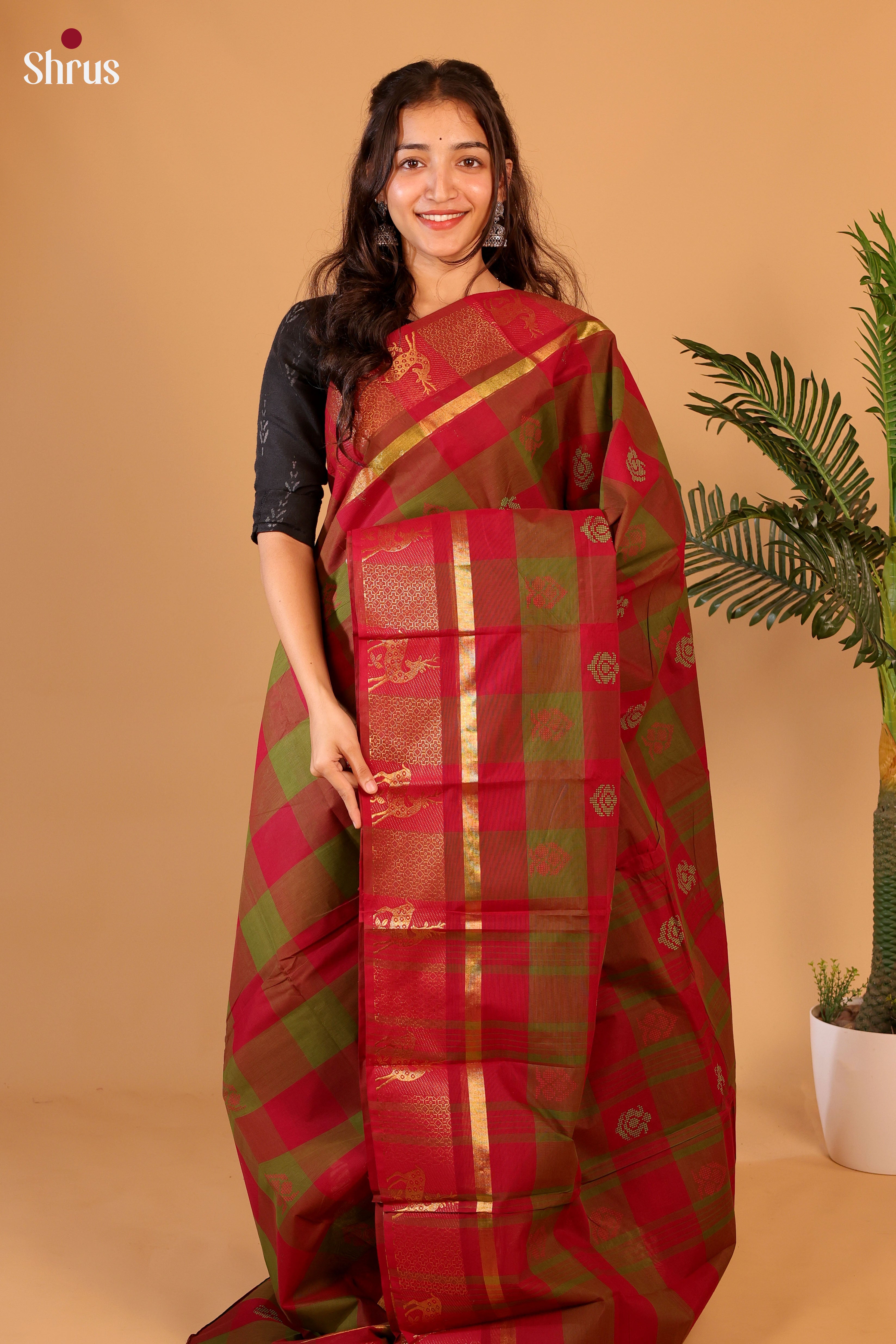 Maroon & Green - Chettinad Cotton Saree - Shop on Shrus.com