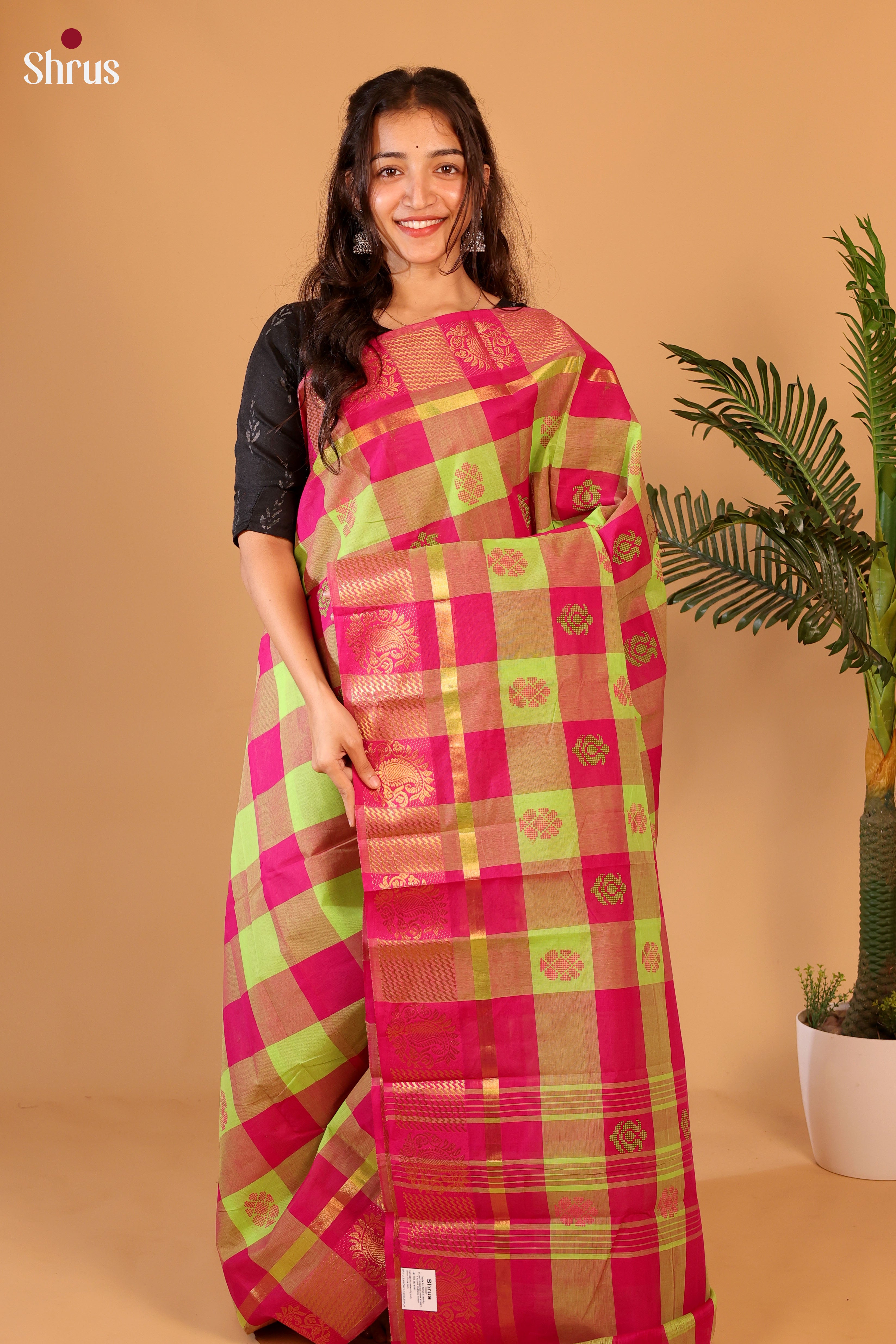 Pink & Green - Chettinad Cotton Saree - Shop on Shrus.com