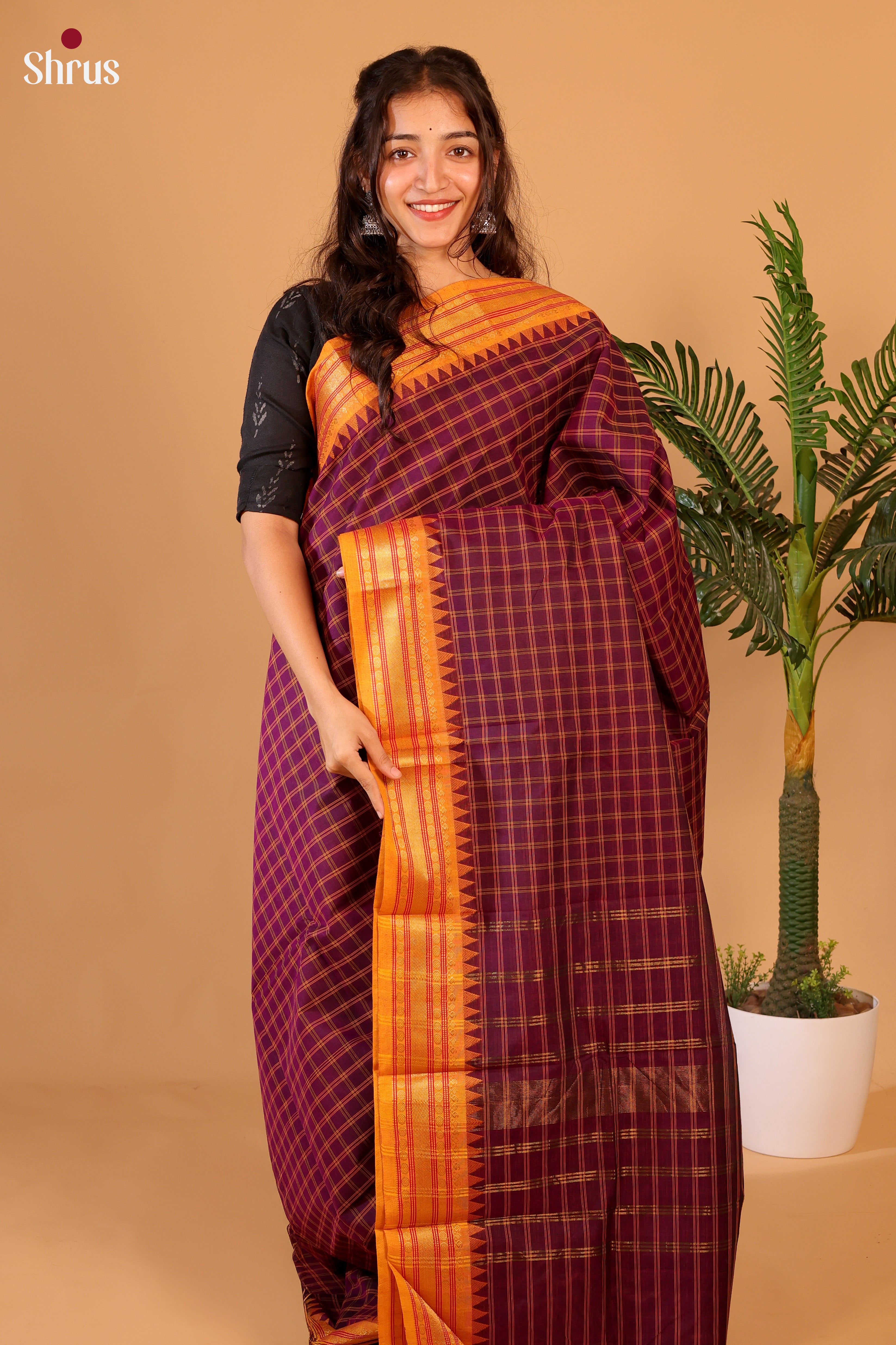 Purple & Orange- Chettinad Cotton Saree - Shop on Shrus.com