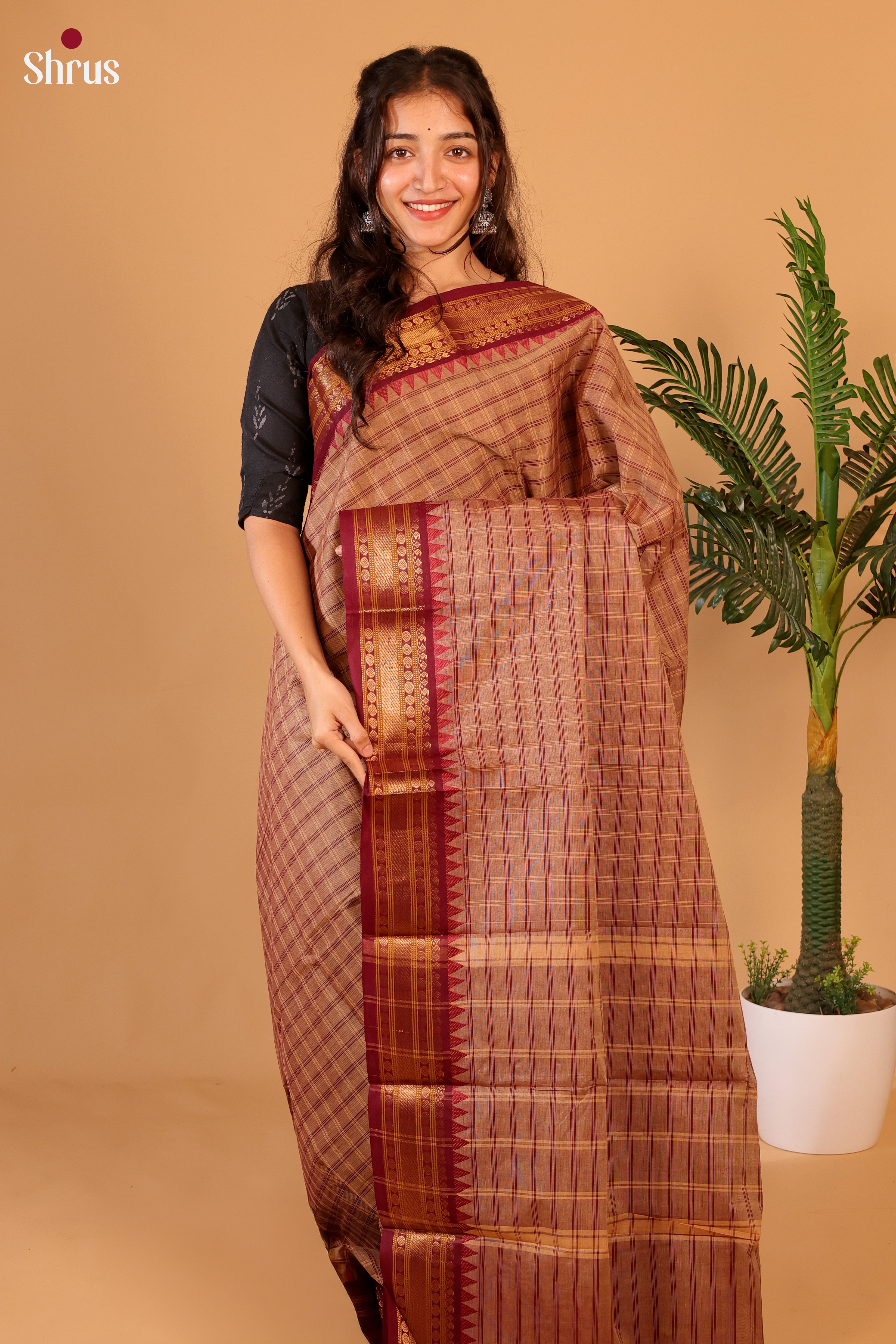 Brown & Maroon - Chettinad Cotton Saree - Shop on Shrus.com