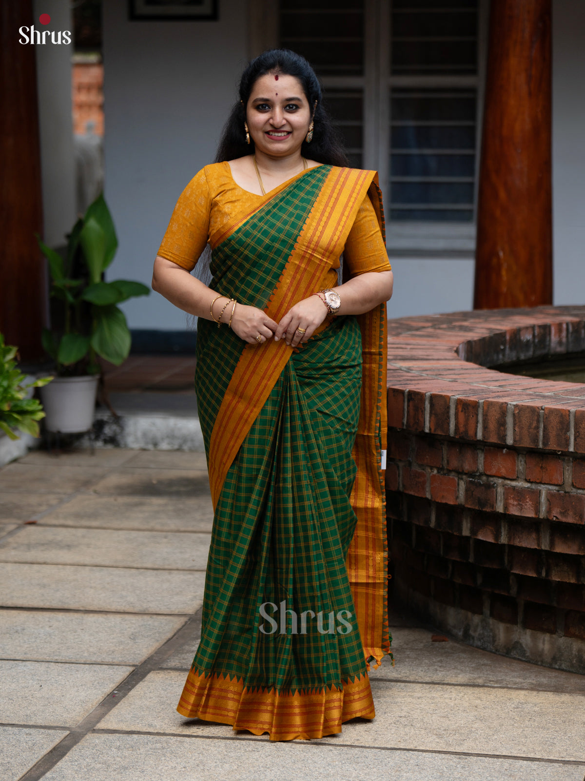 Pretty Green Chettinad Cotton Saree with Mustard Zari Border & Pallu - Shop on Shrus.com