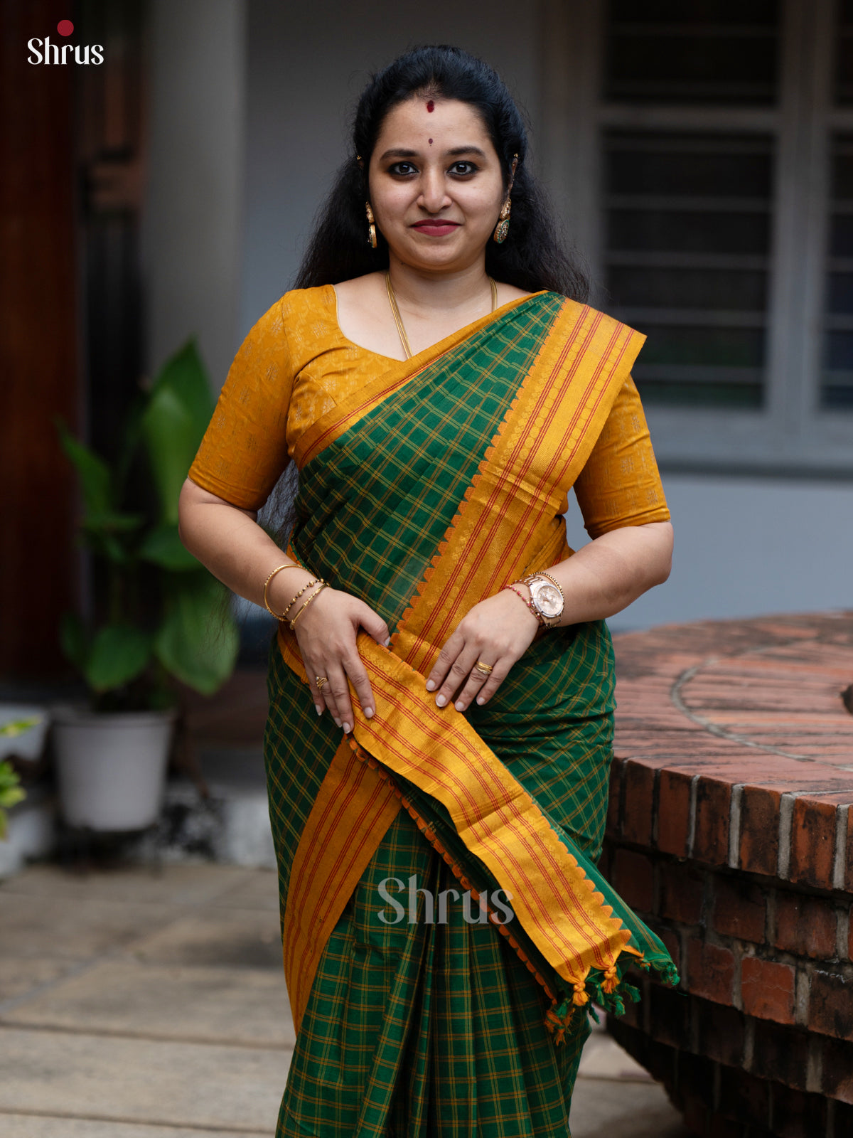 Pretty Green Chettinad Cotton Saree with Mustard Zari Border & Pallu - Shop on Shrus.com