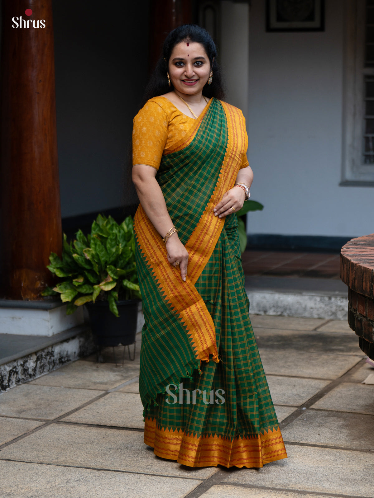 Pretty Green Chettinad Cotton Saree with Mustard Zari Border & Pallu - Shop on Shrus.com