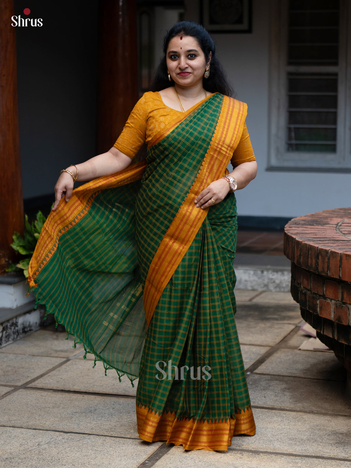 Pretty Green Chettinad Cotton Saree with Mustard Zari Border & Pallu - Shop on Shrus.com