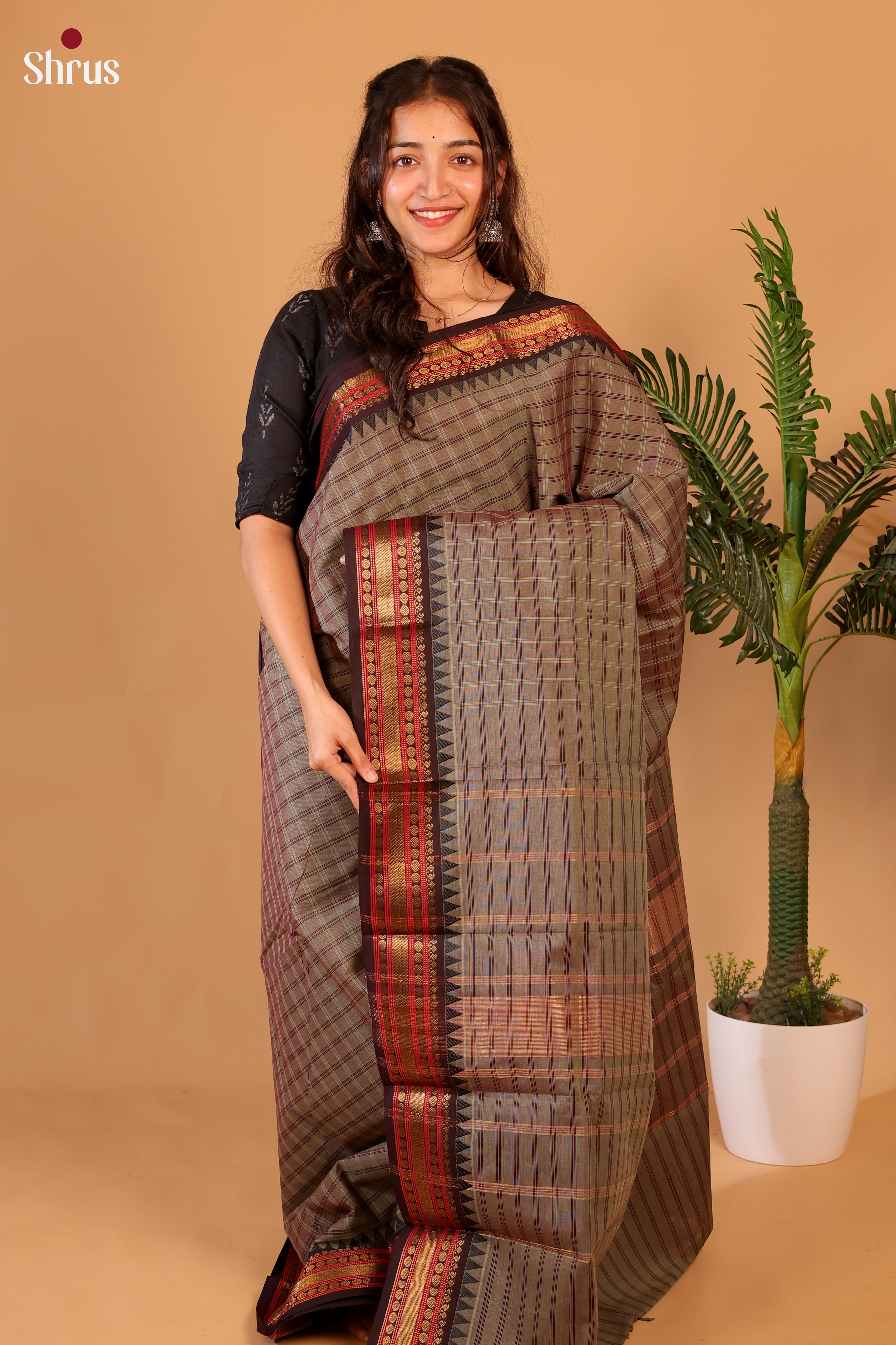 Grey & Black- Chettinad Cotton Saree - Shop on Shrus.com