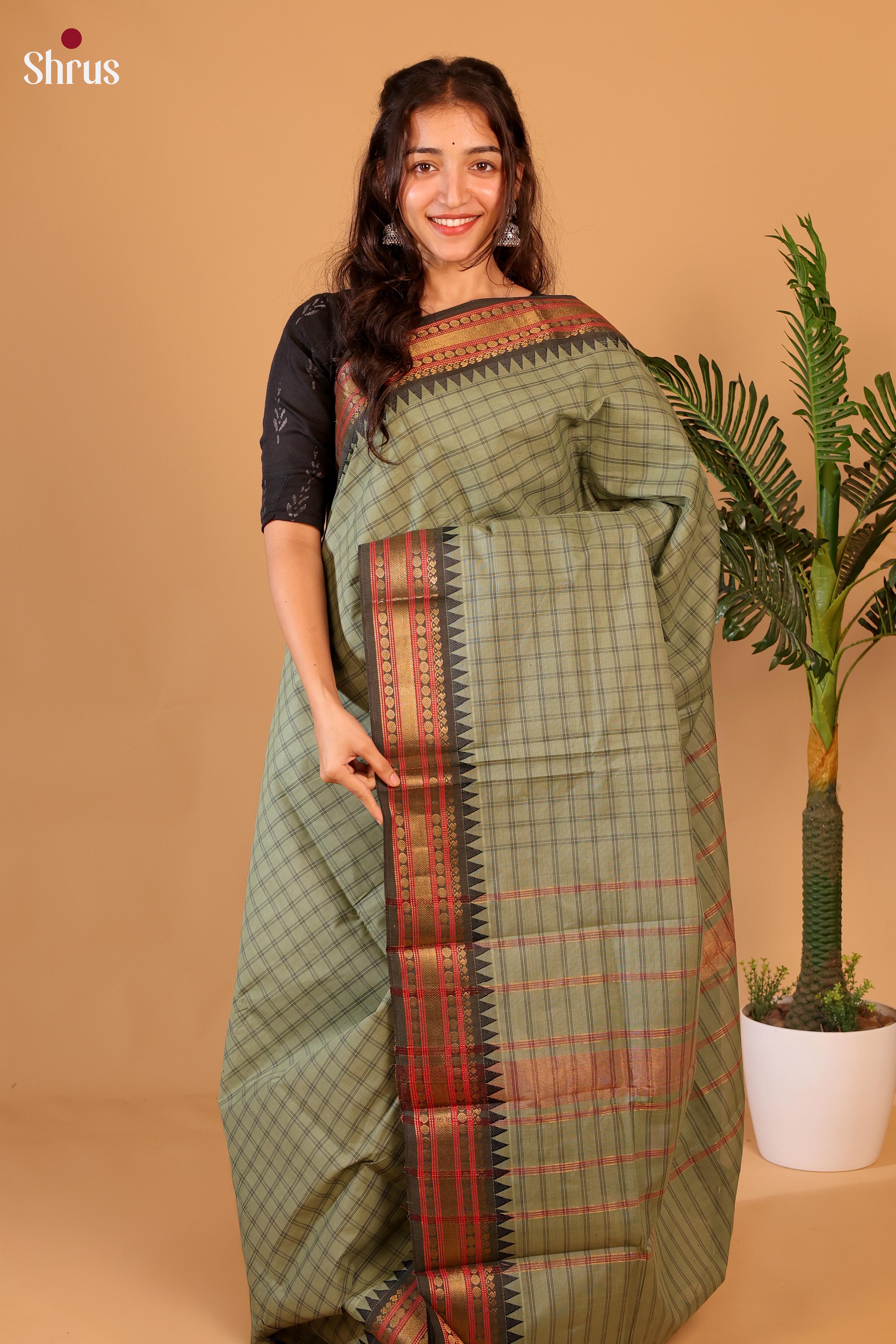 Greyish Green & Grey - Chettinad Cotton Saree - Shop on Shrus.com