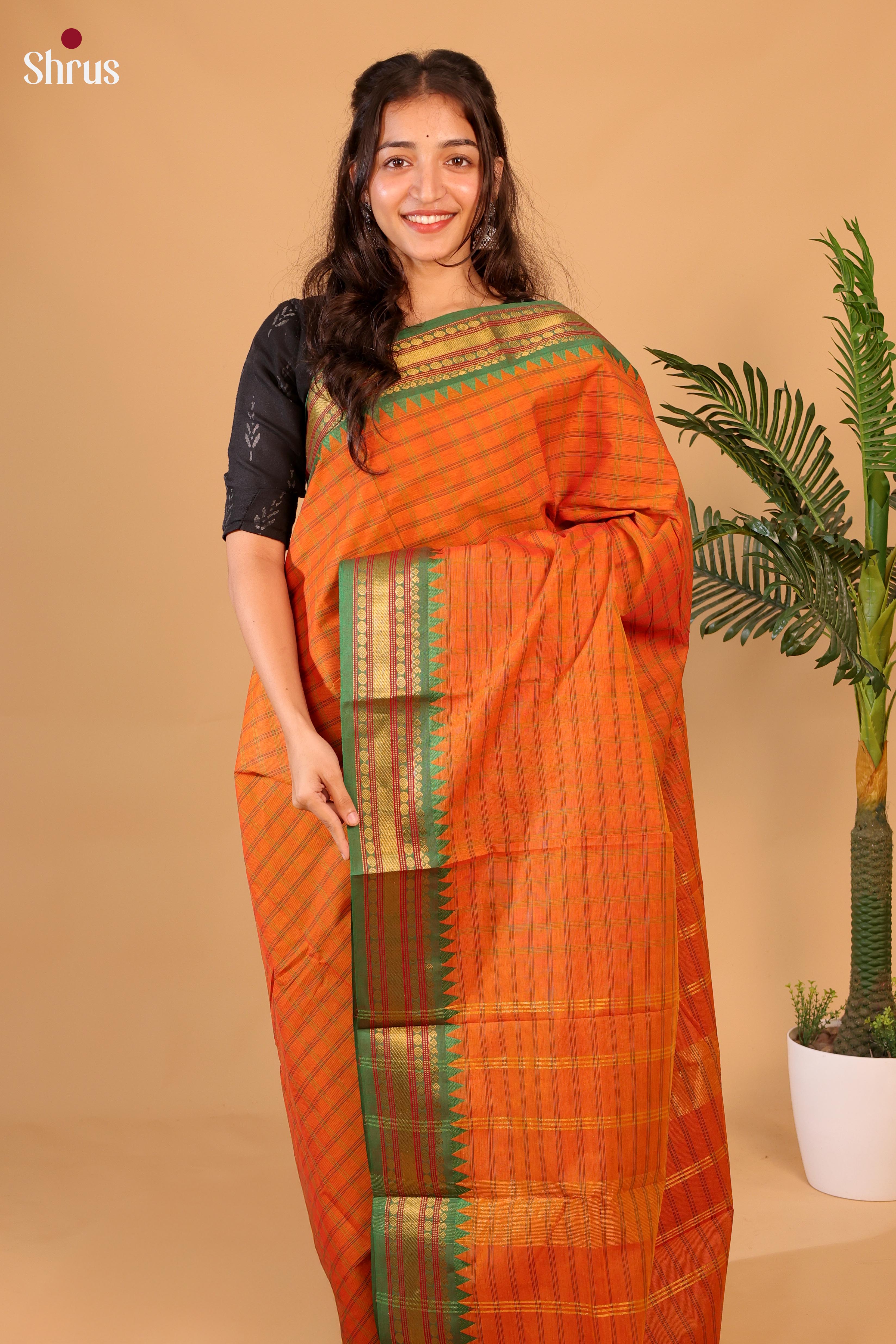 Orange & Green - Chettinad Cotton Saree - Shop on Shrus.com