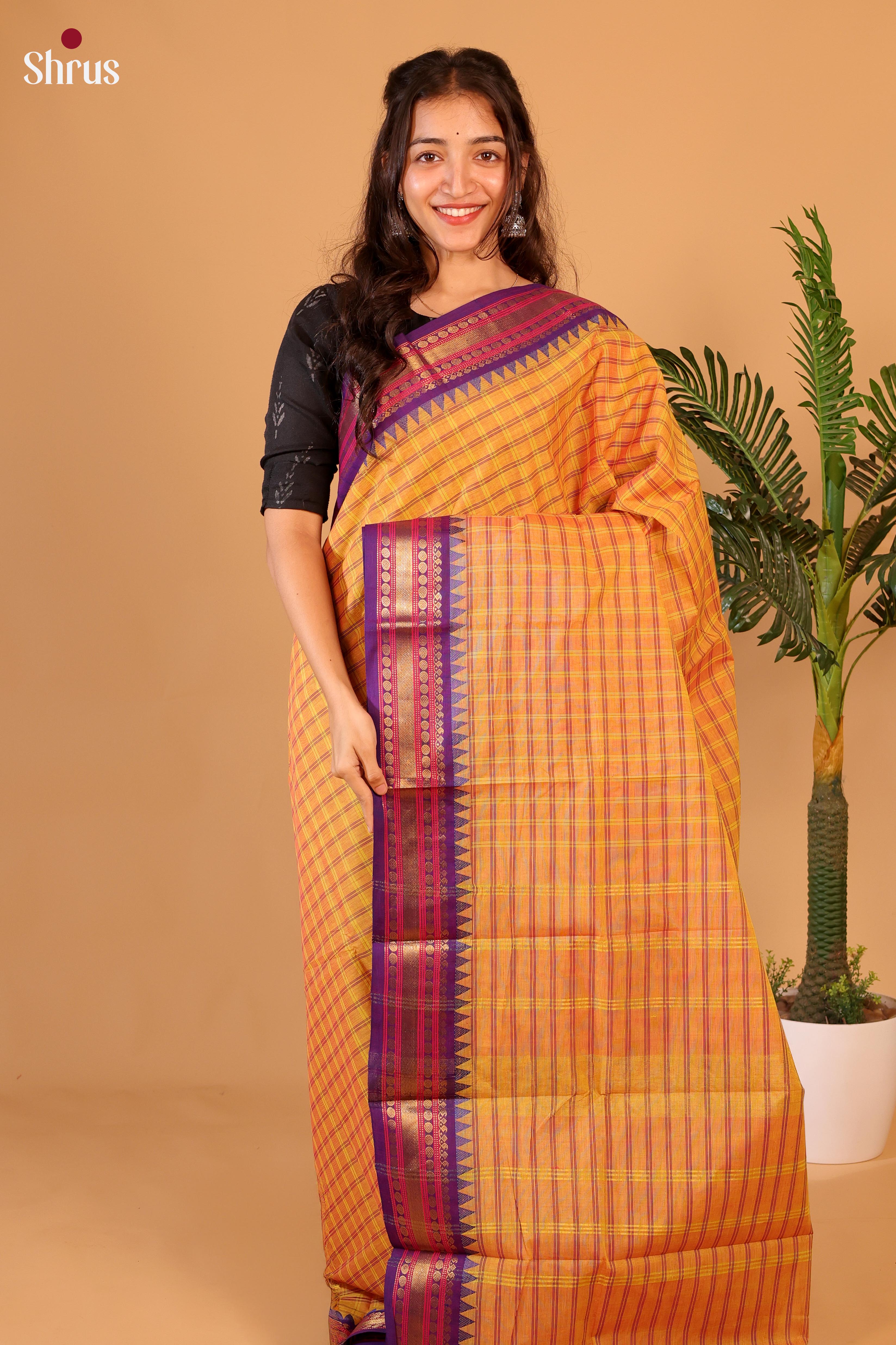 Orange & Purple - Chettinad Cotton Saree - Shop on Shrus.com
