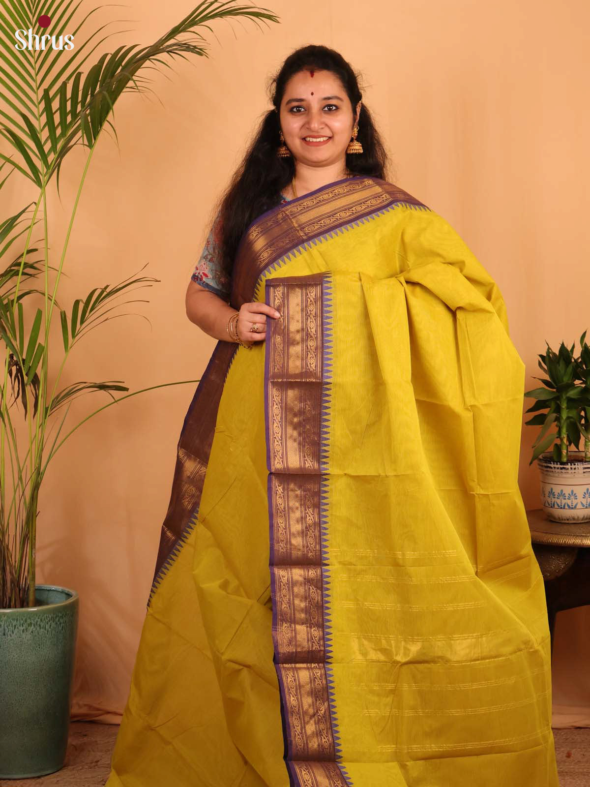 Mustardy Green & Purple - Chettinad Cotton Saree - Shop on Shrus.com