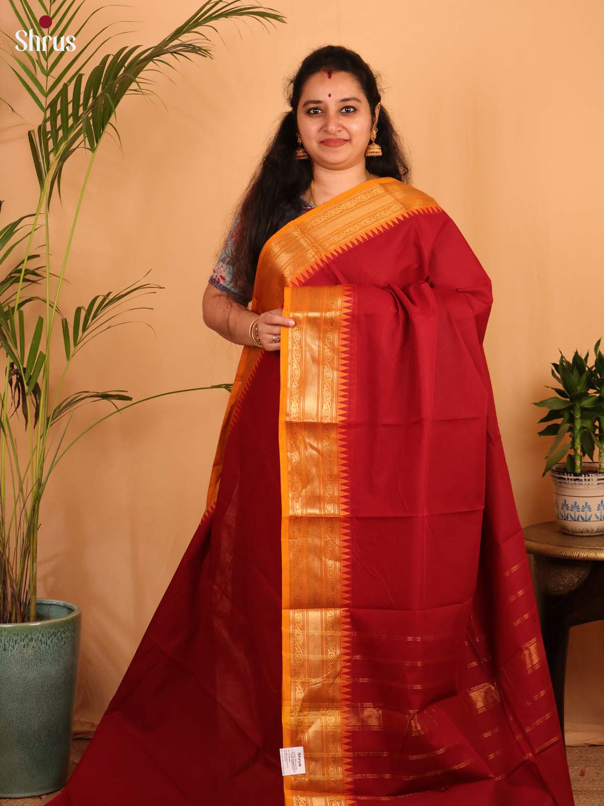Red & Orange- Chettinad Cotton Saree - Shop on Shrus.com