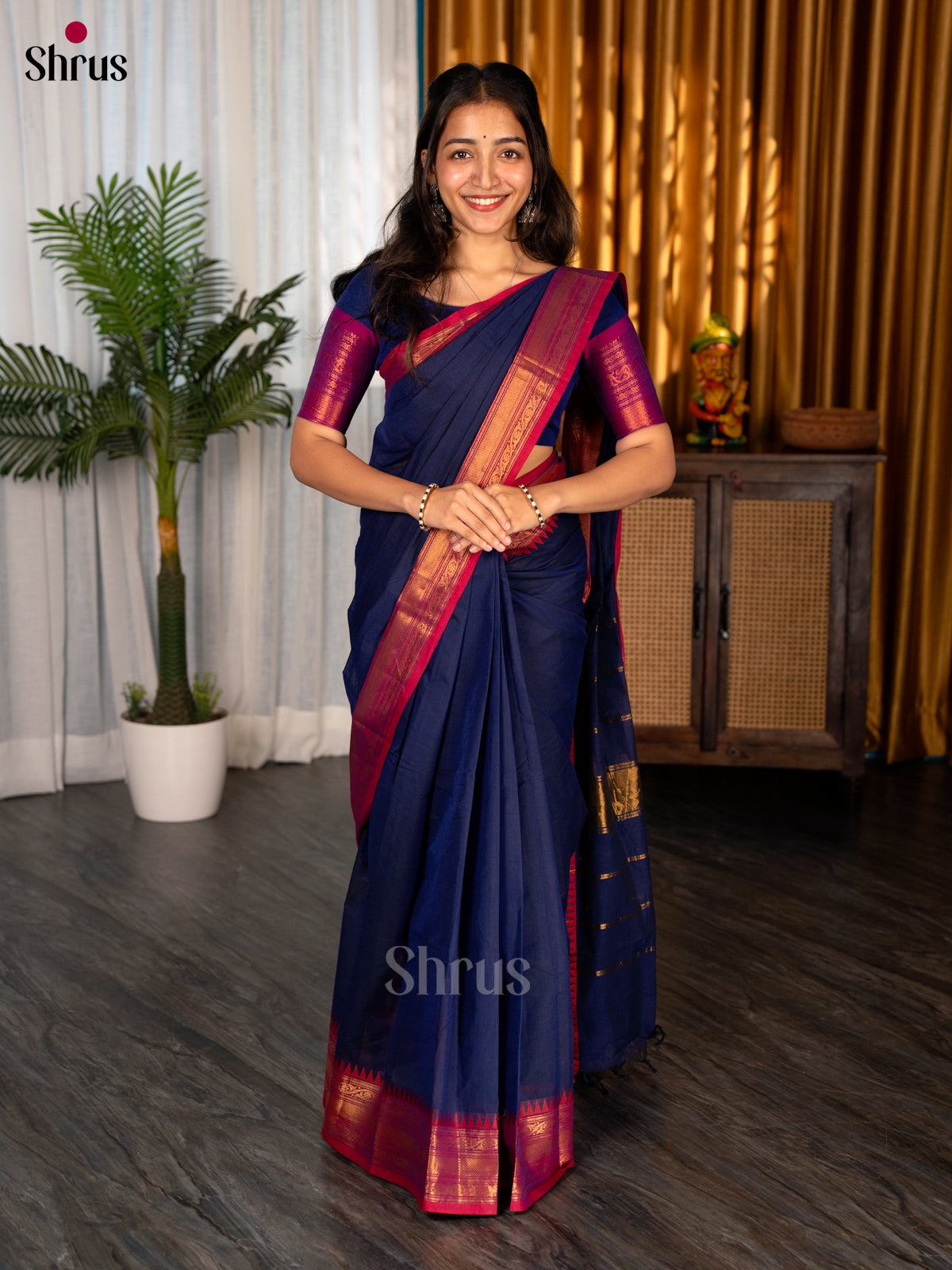 Blue & Red - Chettinad Cotton Saree - Shop on Shrus.com