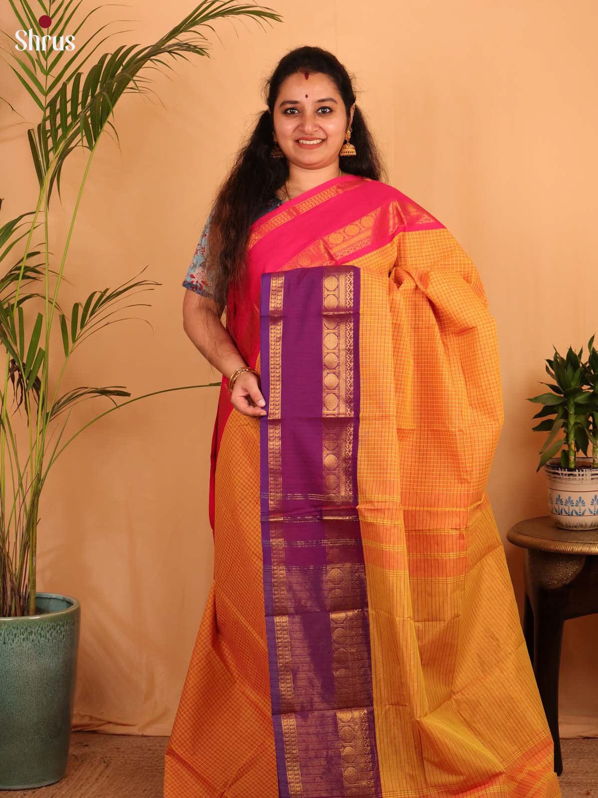 Orange & Purple - Chettinad Cotton Saree - Shop on Shrus.com