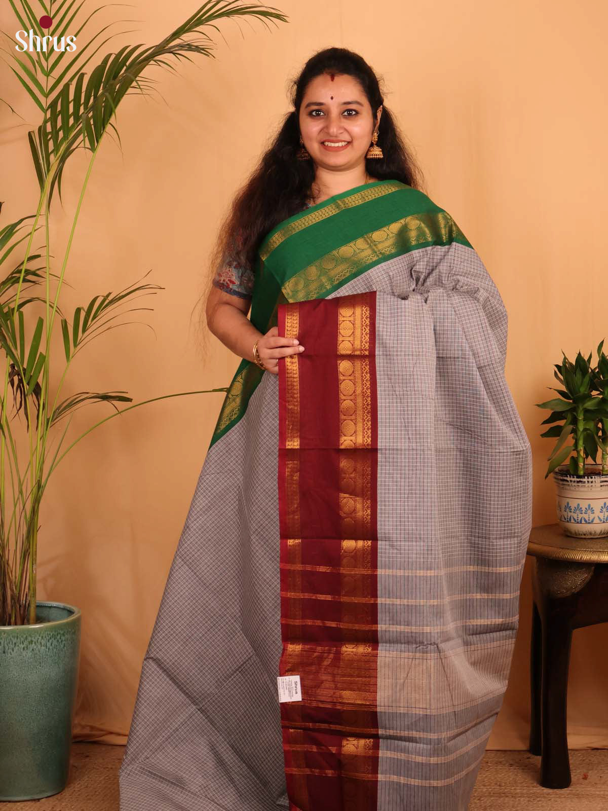 Grey & Maroon - Chettinad Cotton Saree - Shop on Shrus.com