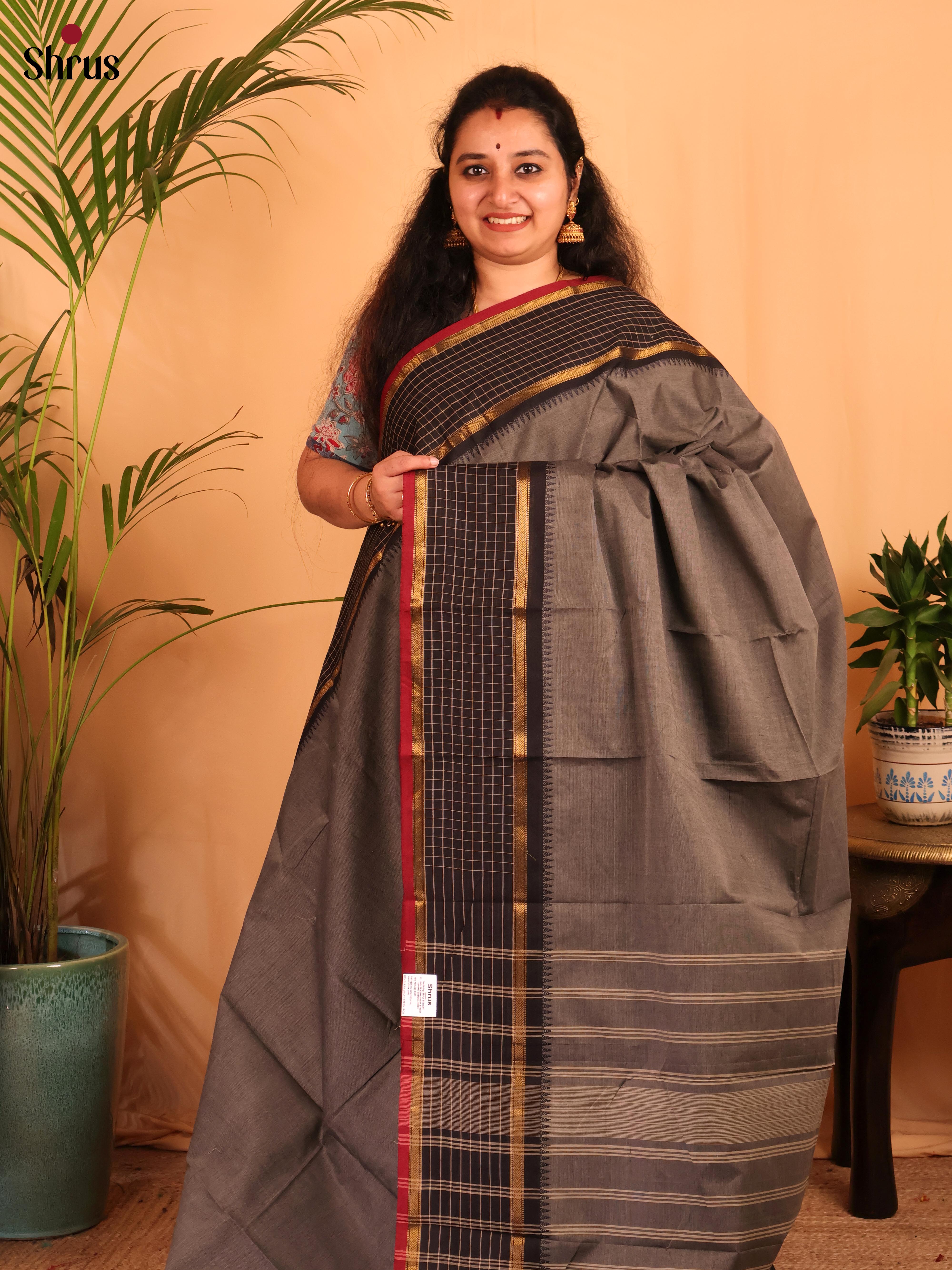 Grey & Black - Chettinad Cotton Saree - Shop on Shrus.com