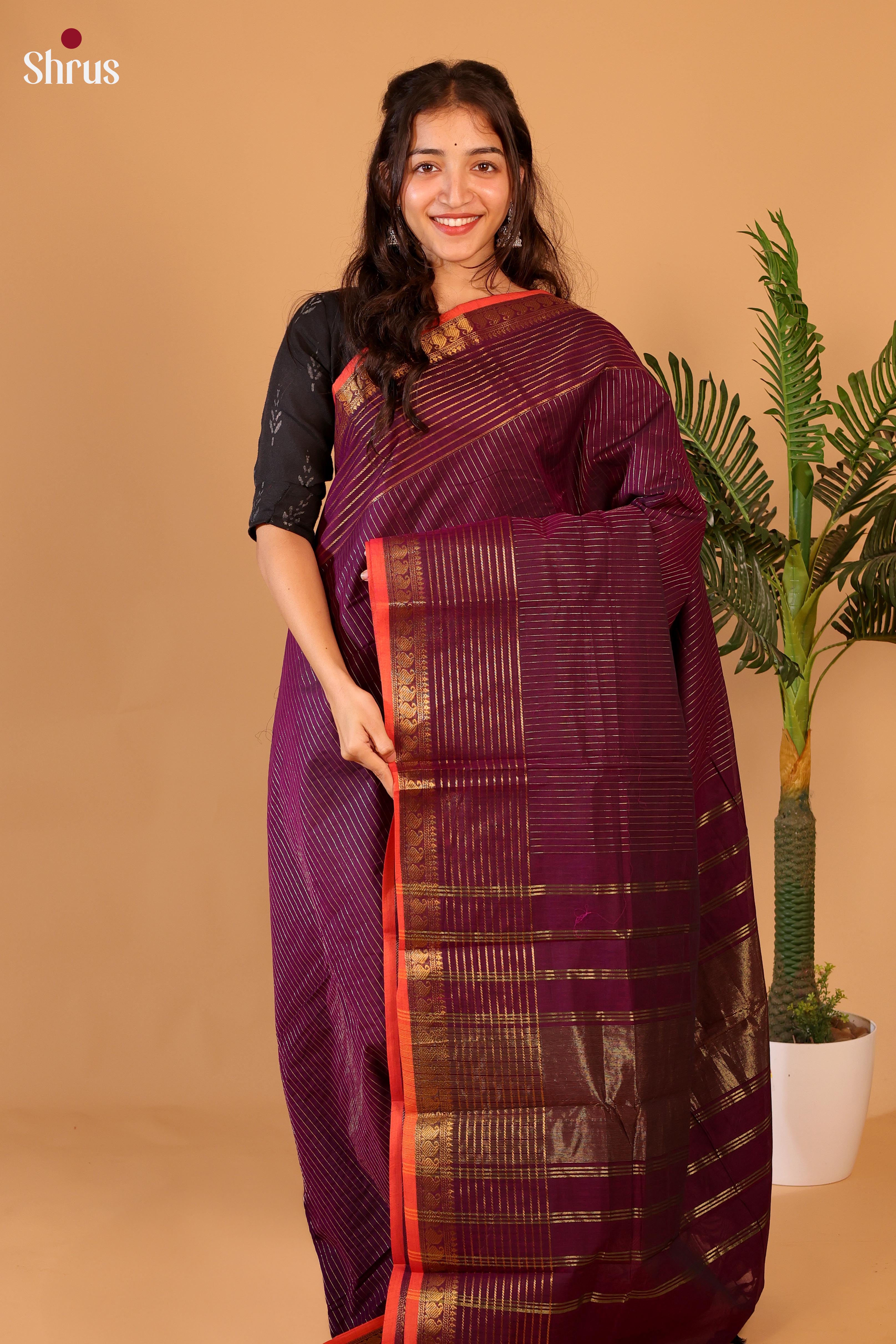 Amethyst Purple Chettinad Cotton Saree with Zari Border & Pallu - Shop on Shrus.com
