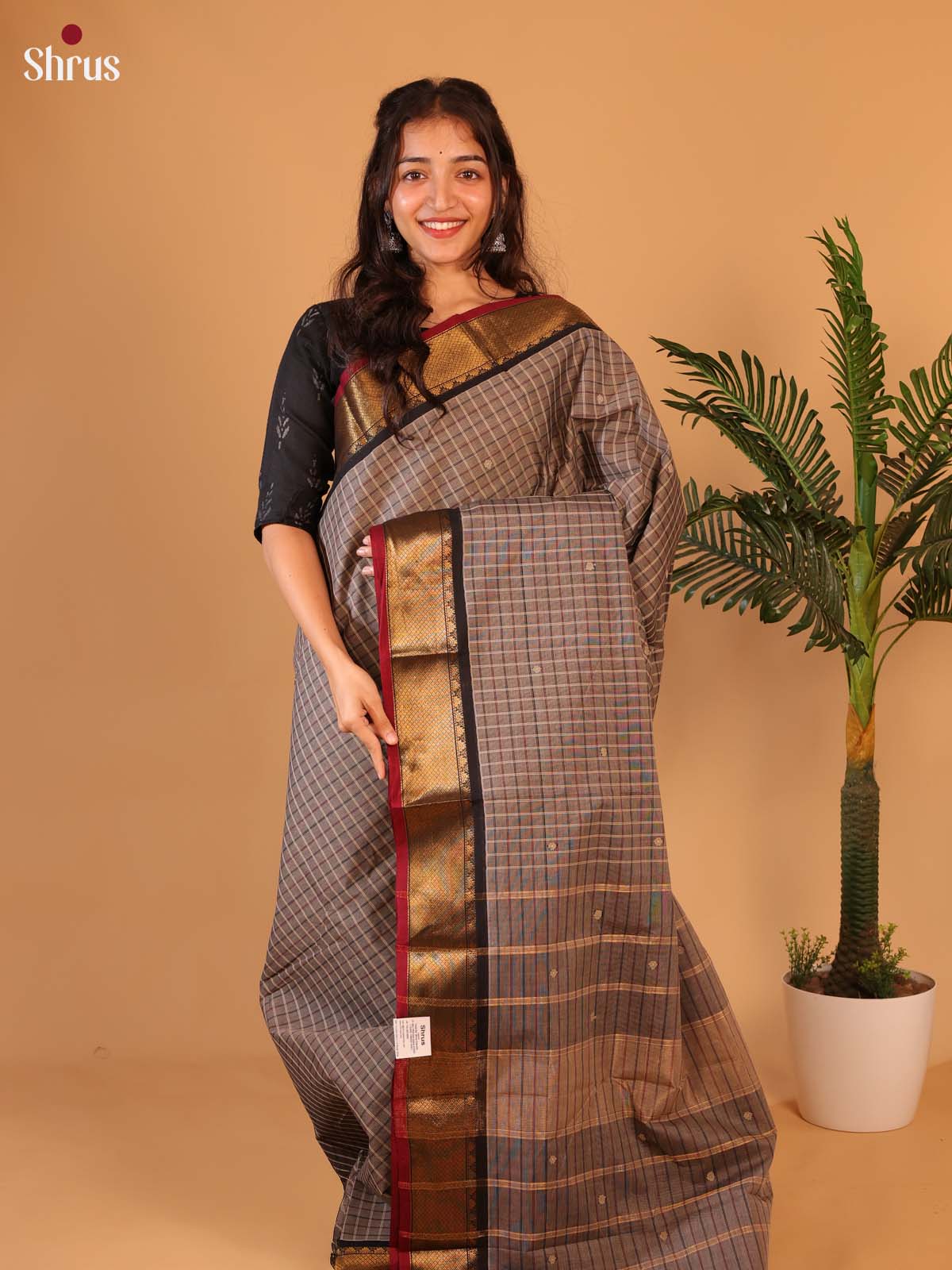 Grey & Black - Chettinad Cotton Saree - Shop on Shrus.com