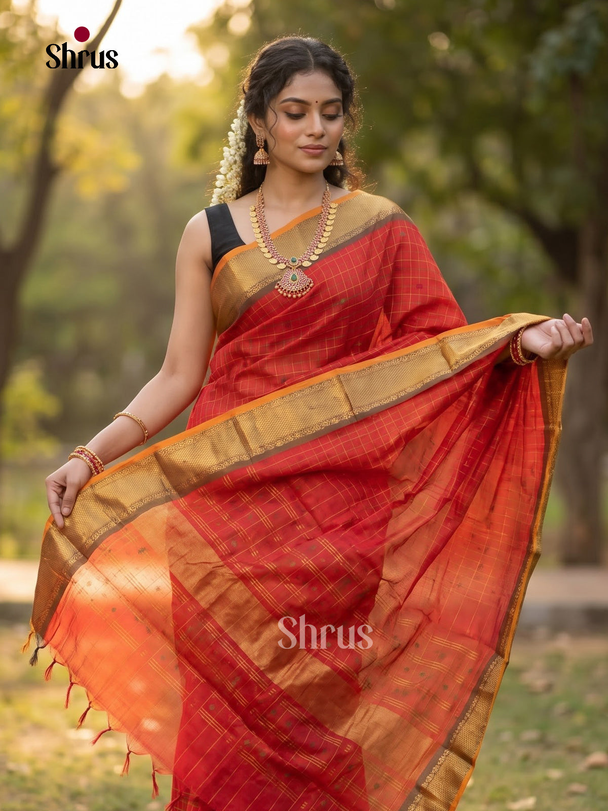 Timeless Red Chettinad Cotton Saree With Thread Checks, Buttas & Mustard Zari Border
