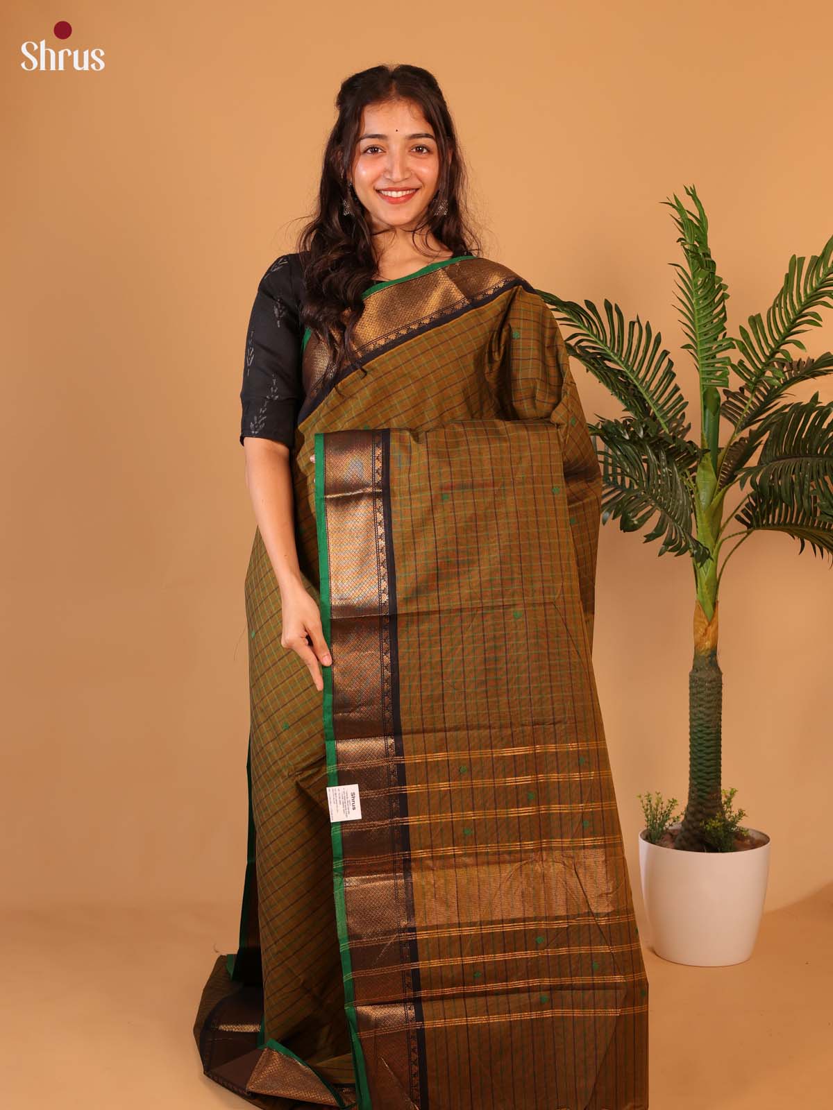 Mehandi & Black- Chettinad Cotton Saree - Shop on Shrus.com