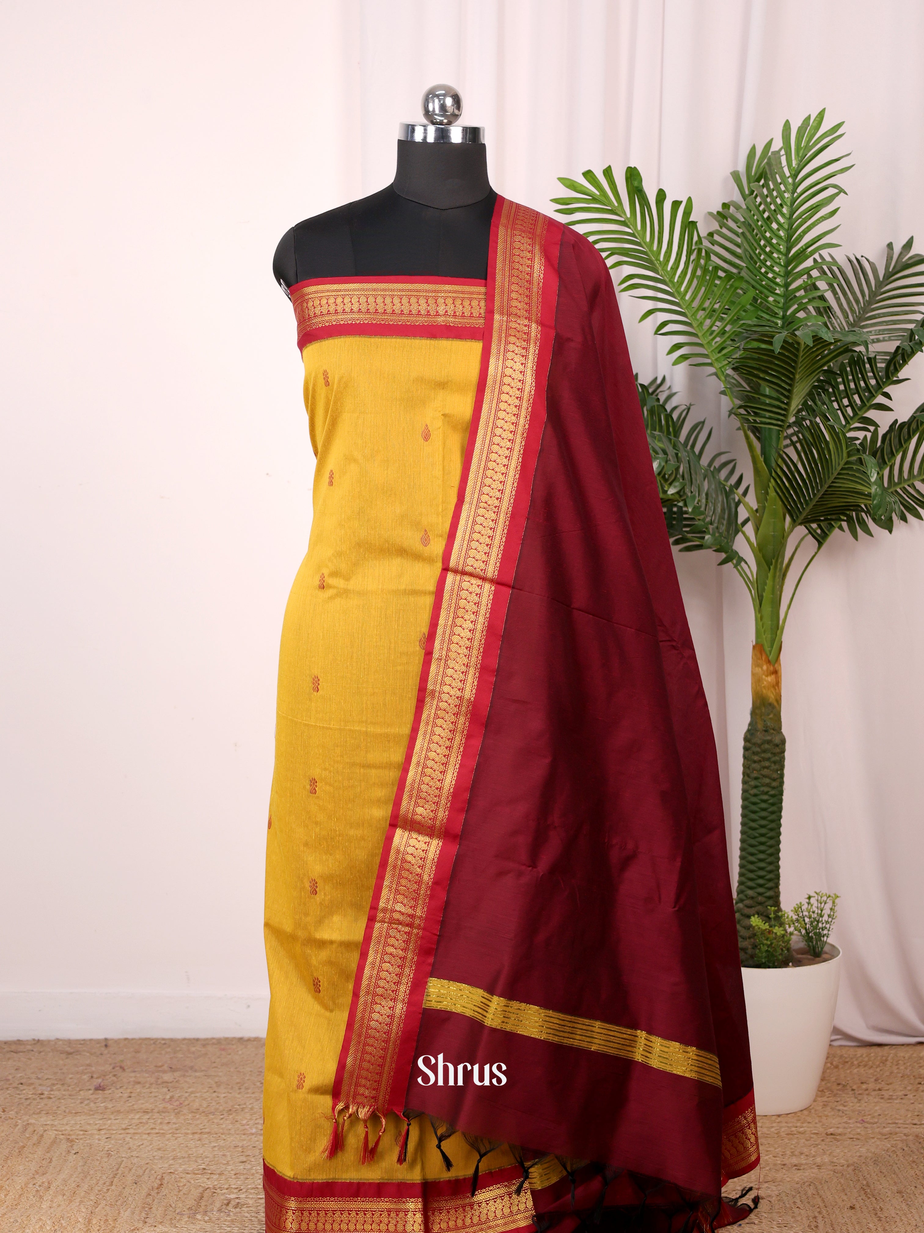 Mustardy Green & Maroon - Kalyani Cotton salwar unstitch - Shop on Shrus.com