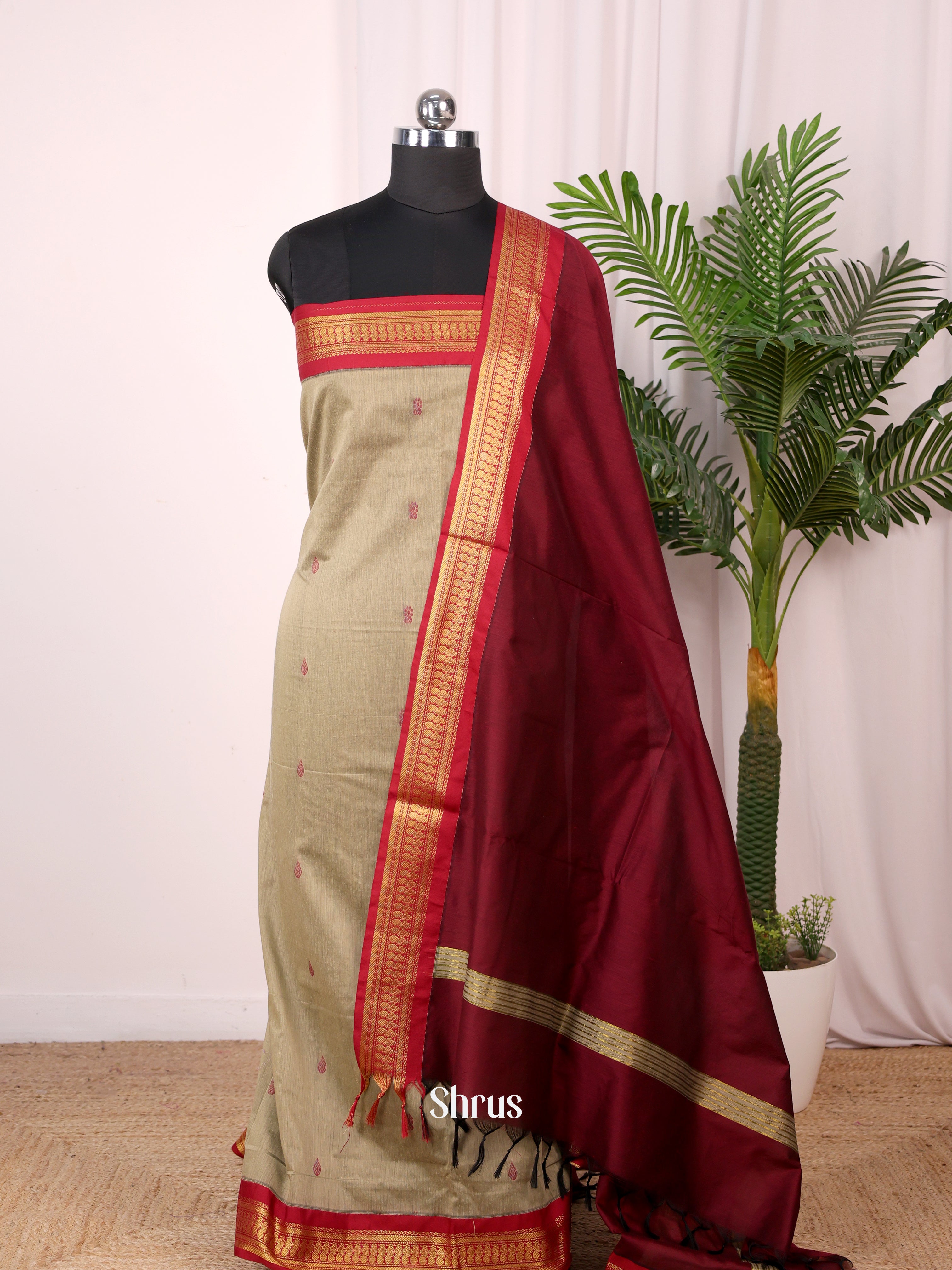 Grey & Maroon - Kalyani Cotton unstitched Top & Dupatta -CKS21020 - Shop on Shrus.com