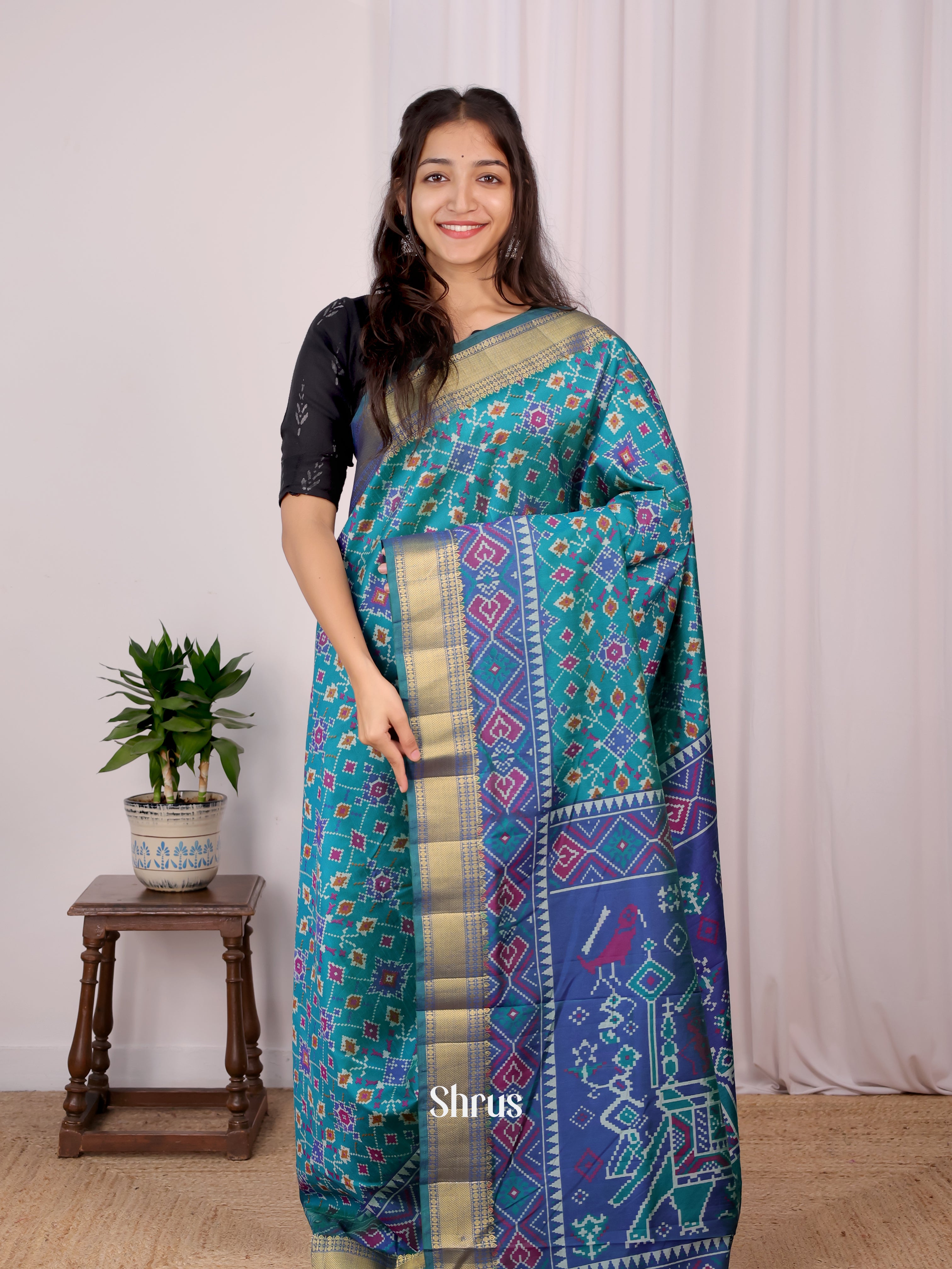 Teal & Blue- Semi Patola Saree - Shop on Shrus.com