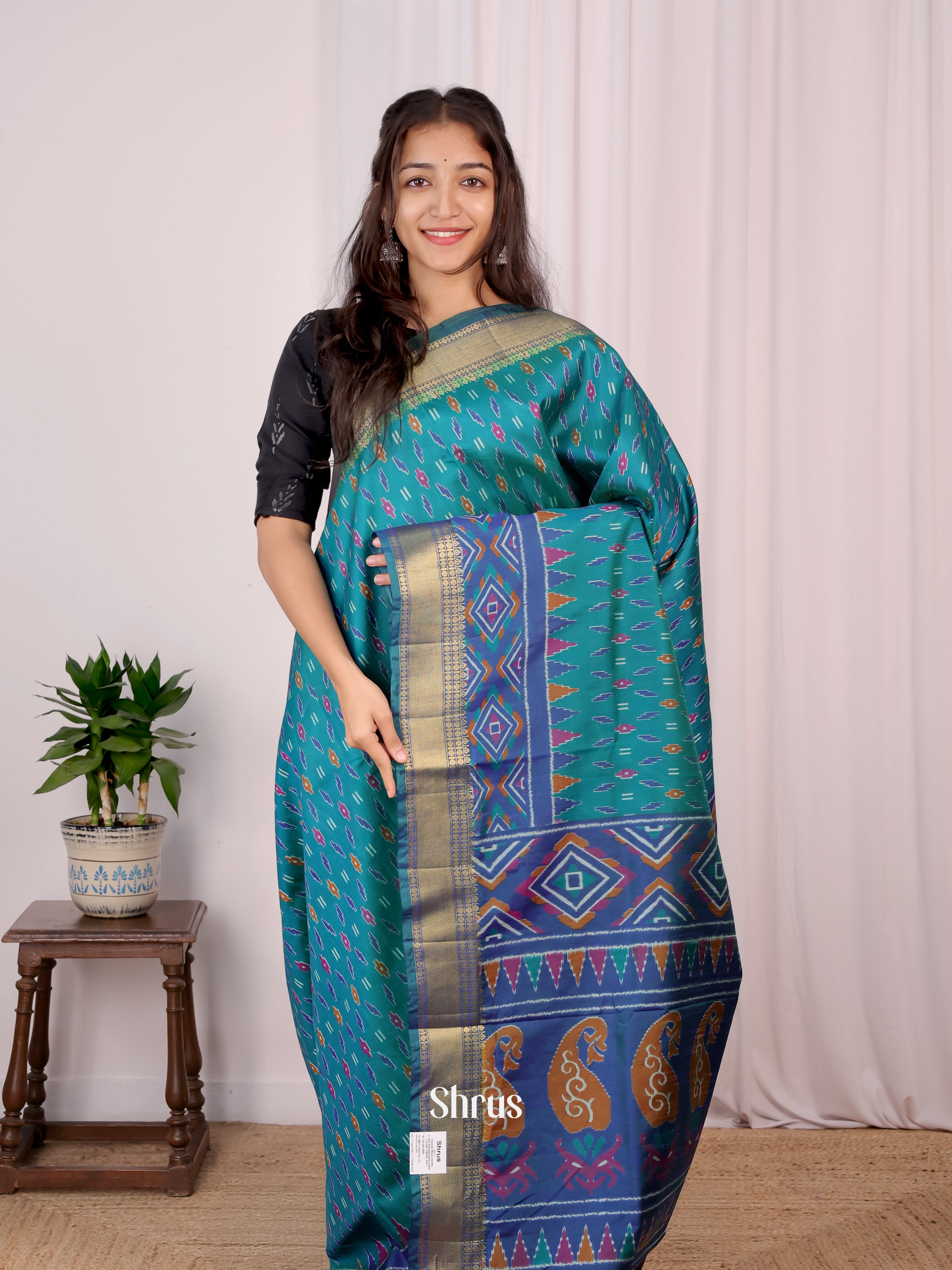 Teal & Blue - Semi Patola Saree - Shop on Shrus.com