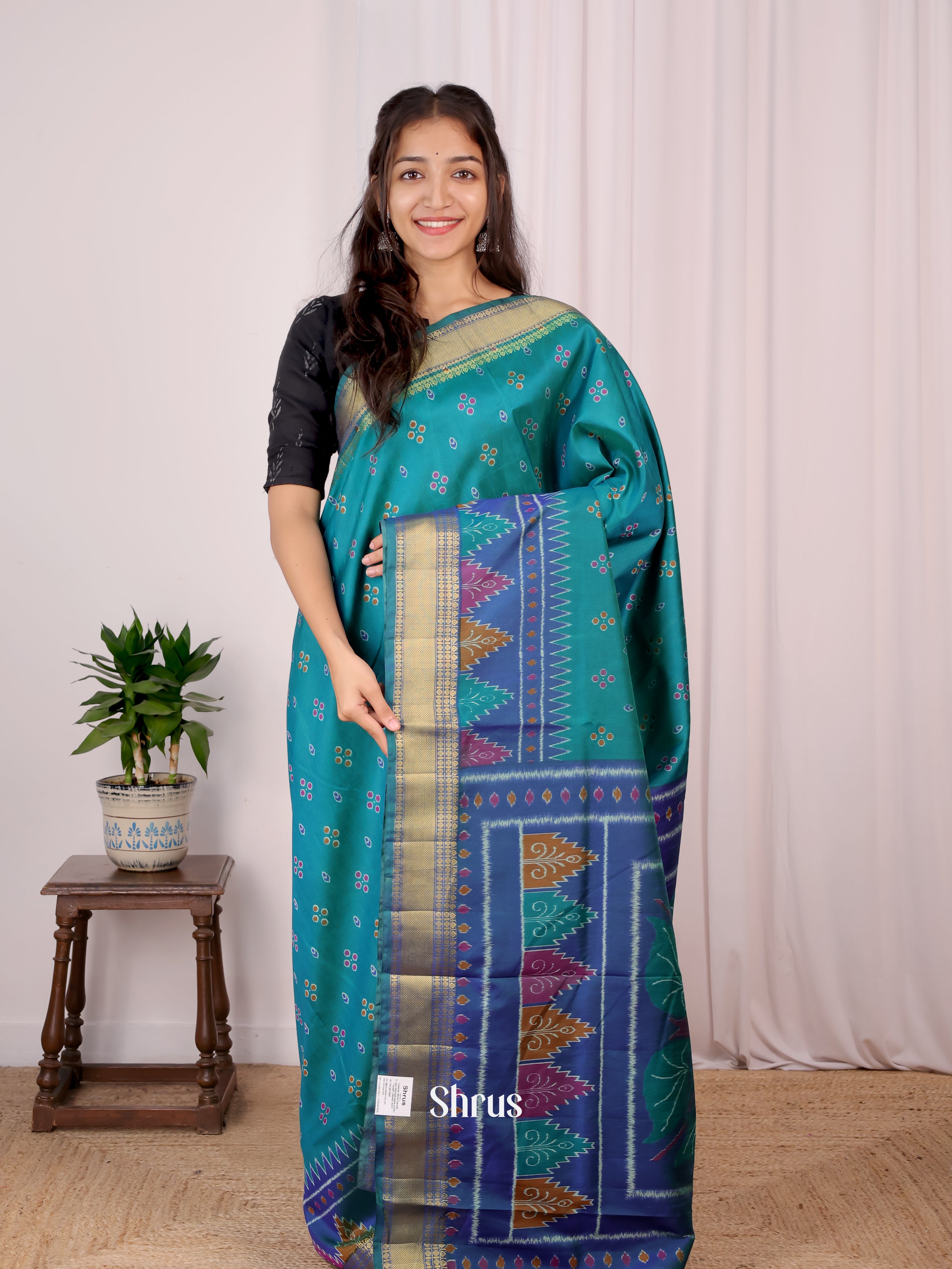 Teal & Blue - Semi Patola Saree - Shop on Shrus.com
