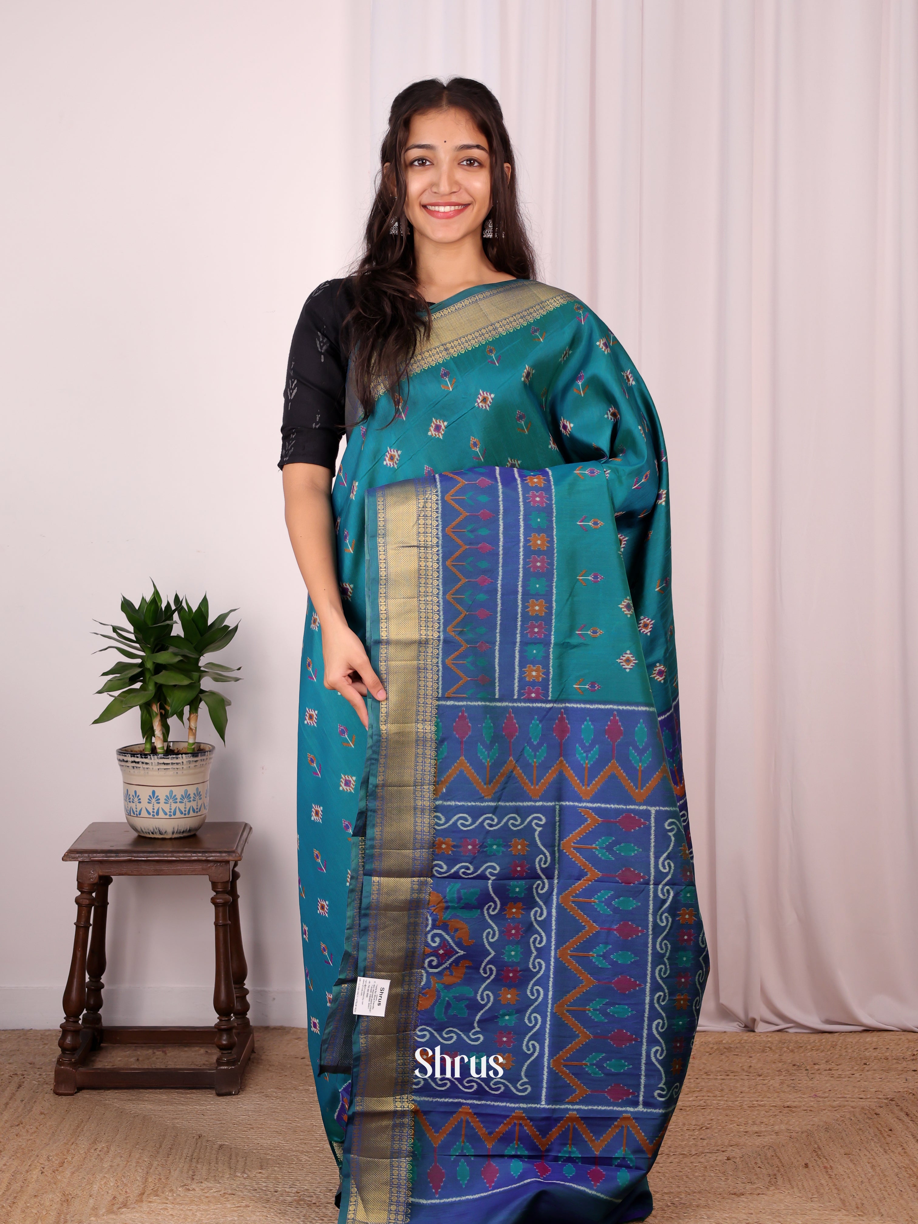 Teal & Blue - Semi Patola Saree - Shop on Shrus.com