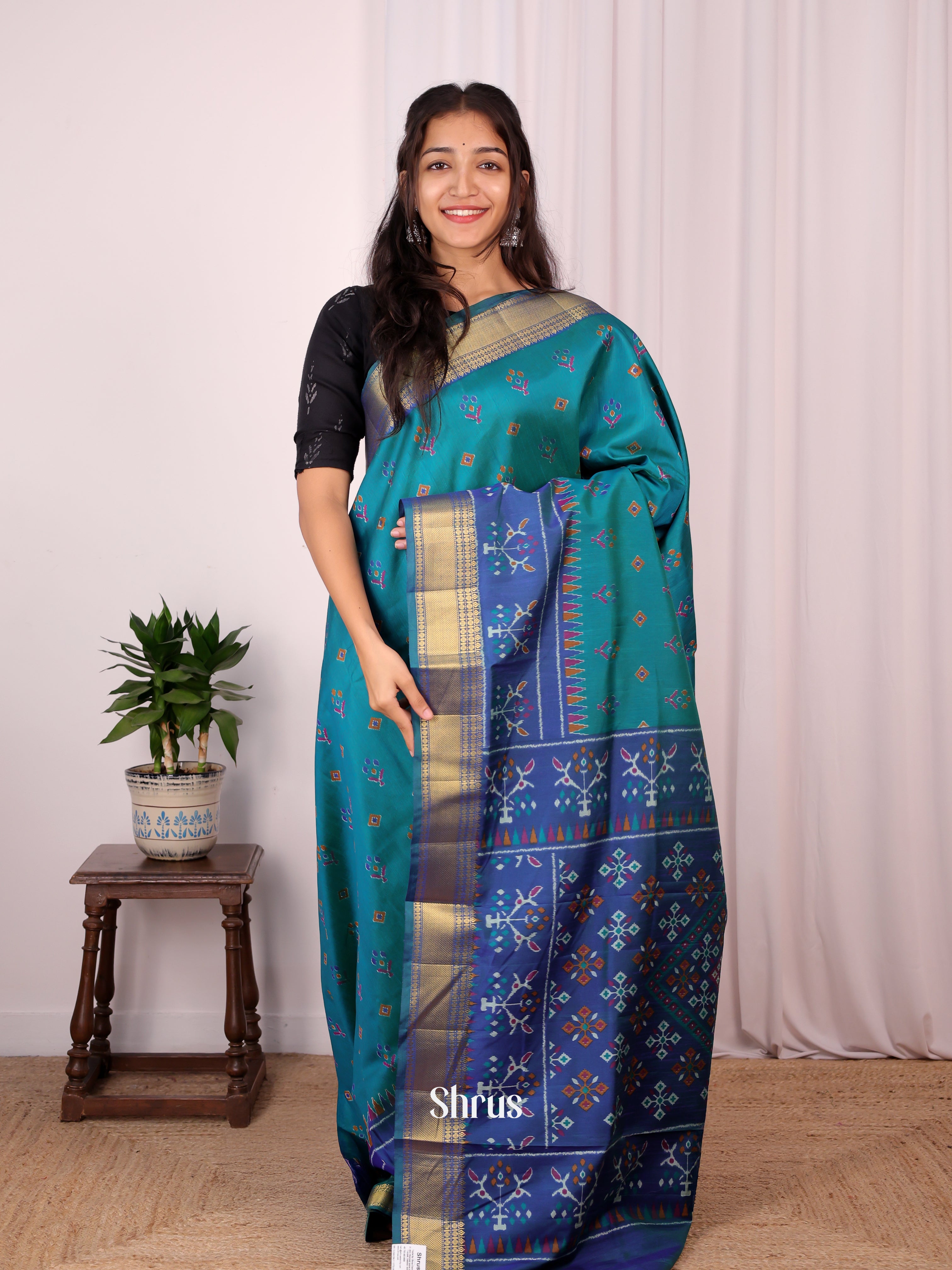 Teal & Blue - Semi Patola Saree - Shop on Shrus.com