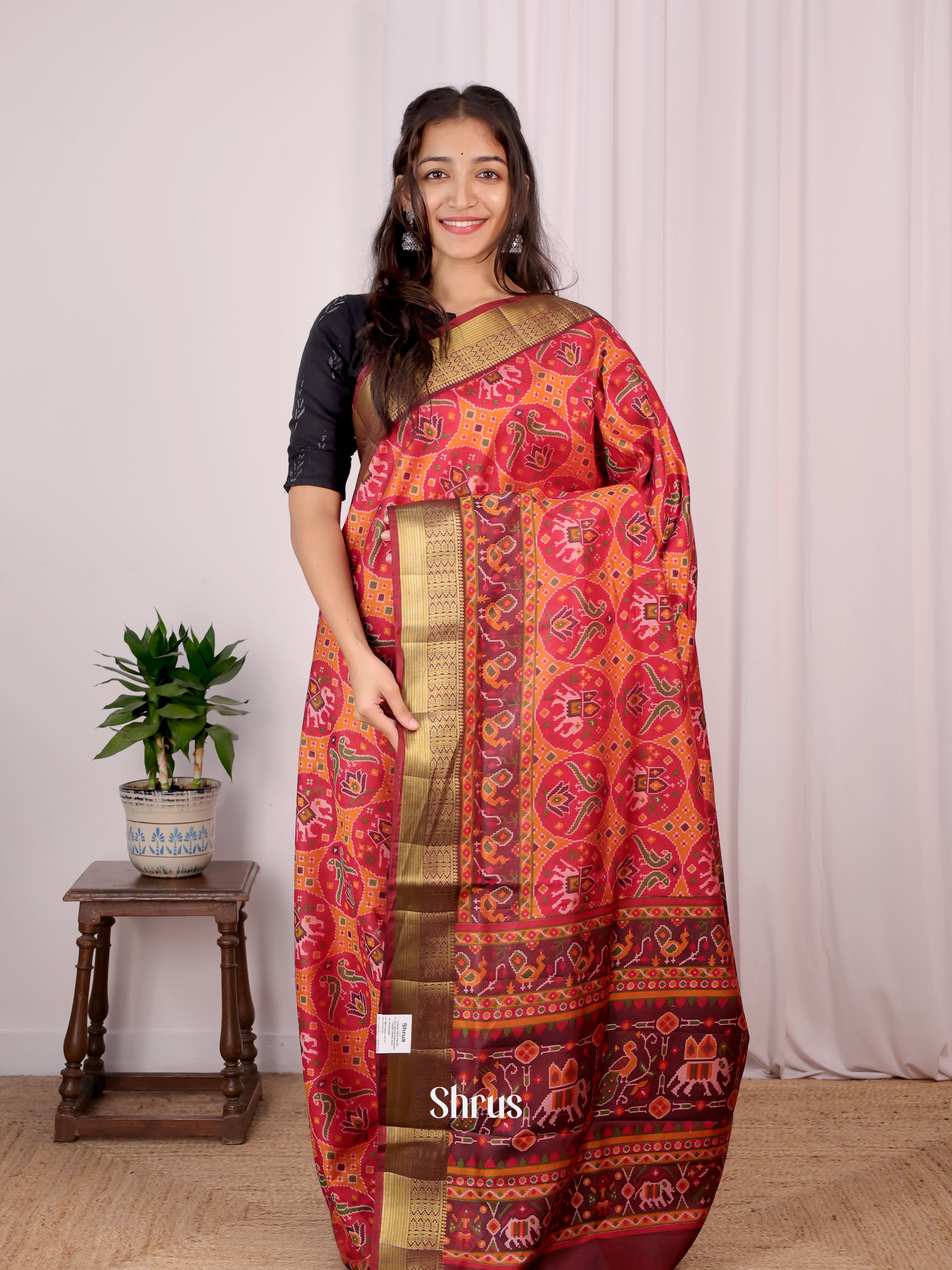 Red & Brown - Semi Patola Saree - Shop on Shrus.com