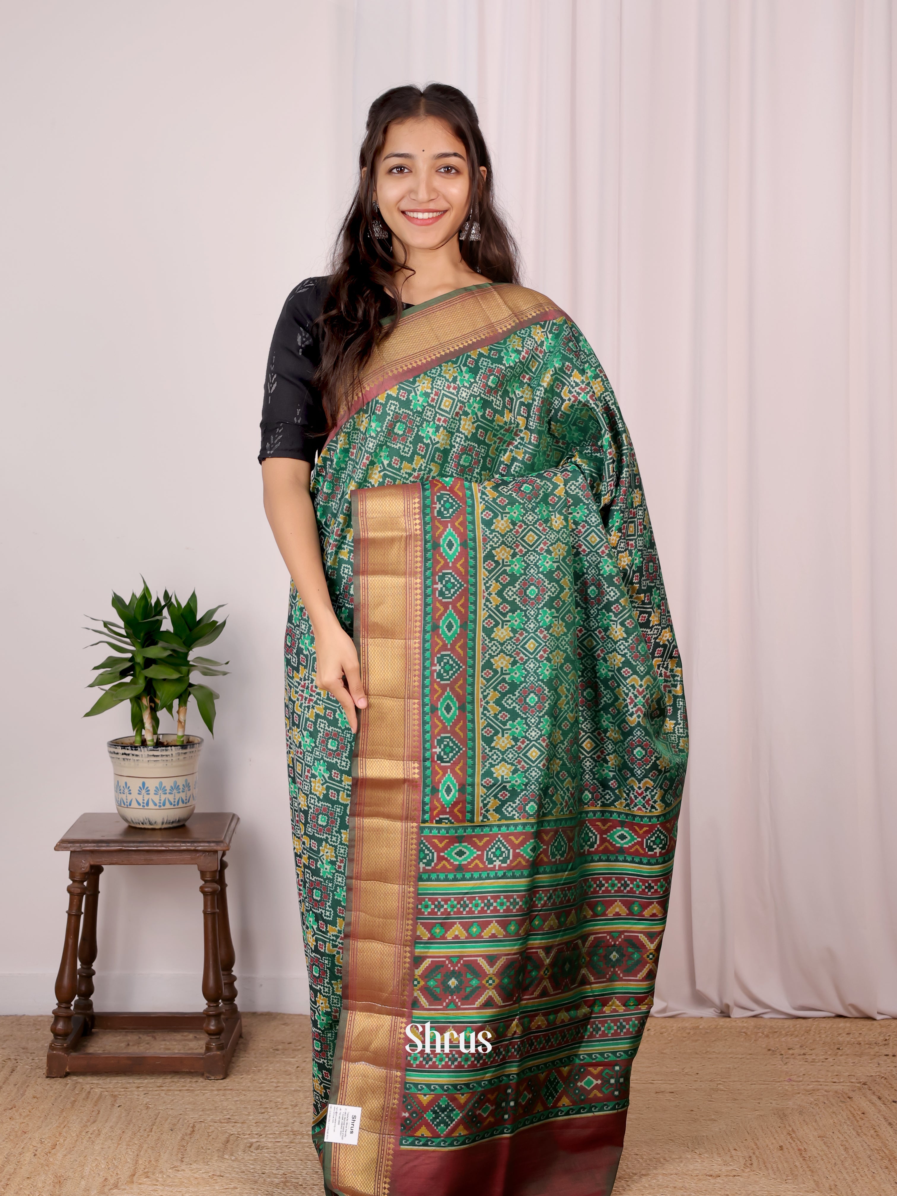 Green & Brown - Semi Patola Saree - Shop on Shrus.com