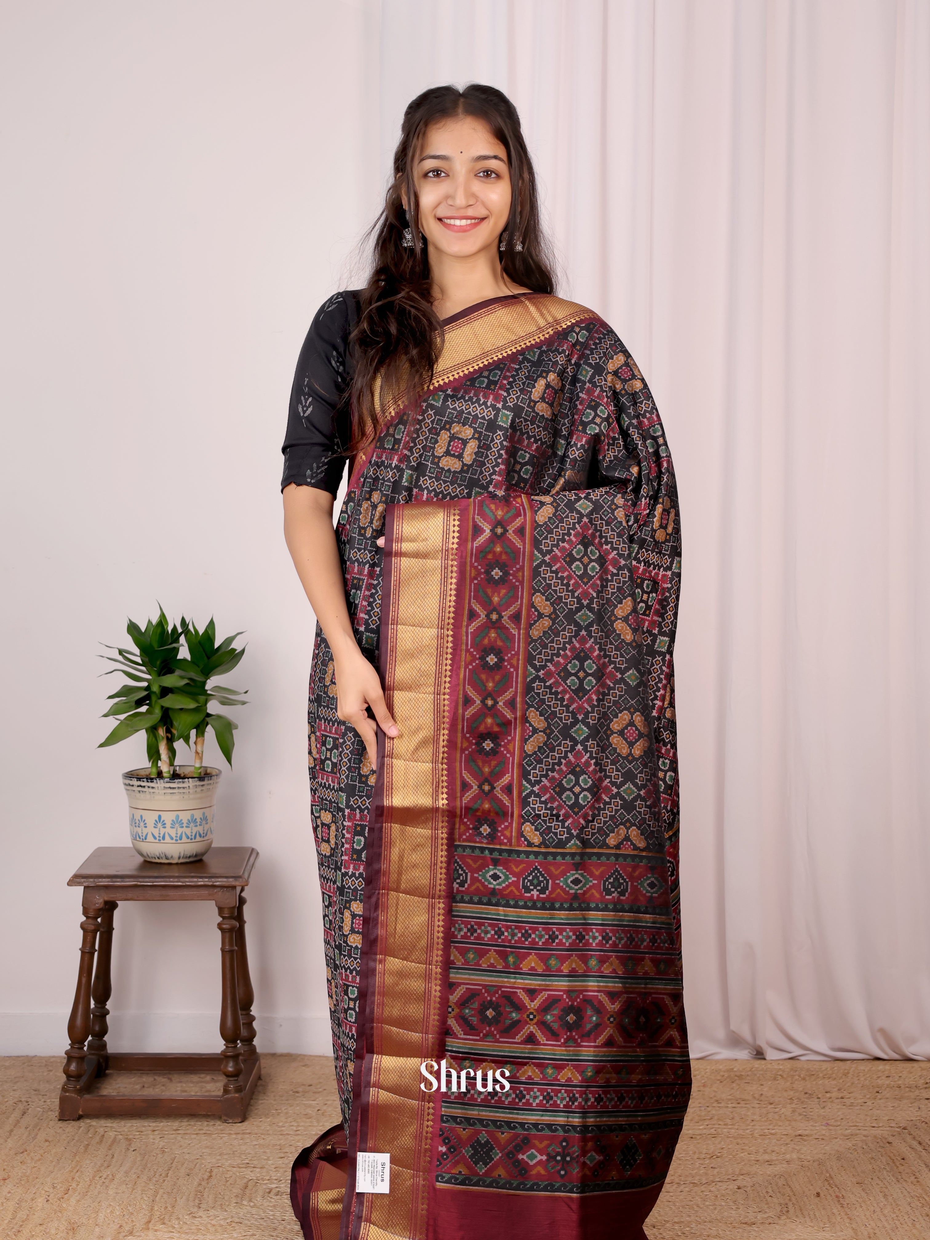 Black & Maroon - Semi Patola Saree - Shop on Shrus.com
