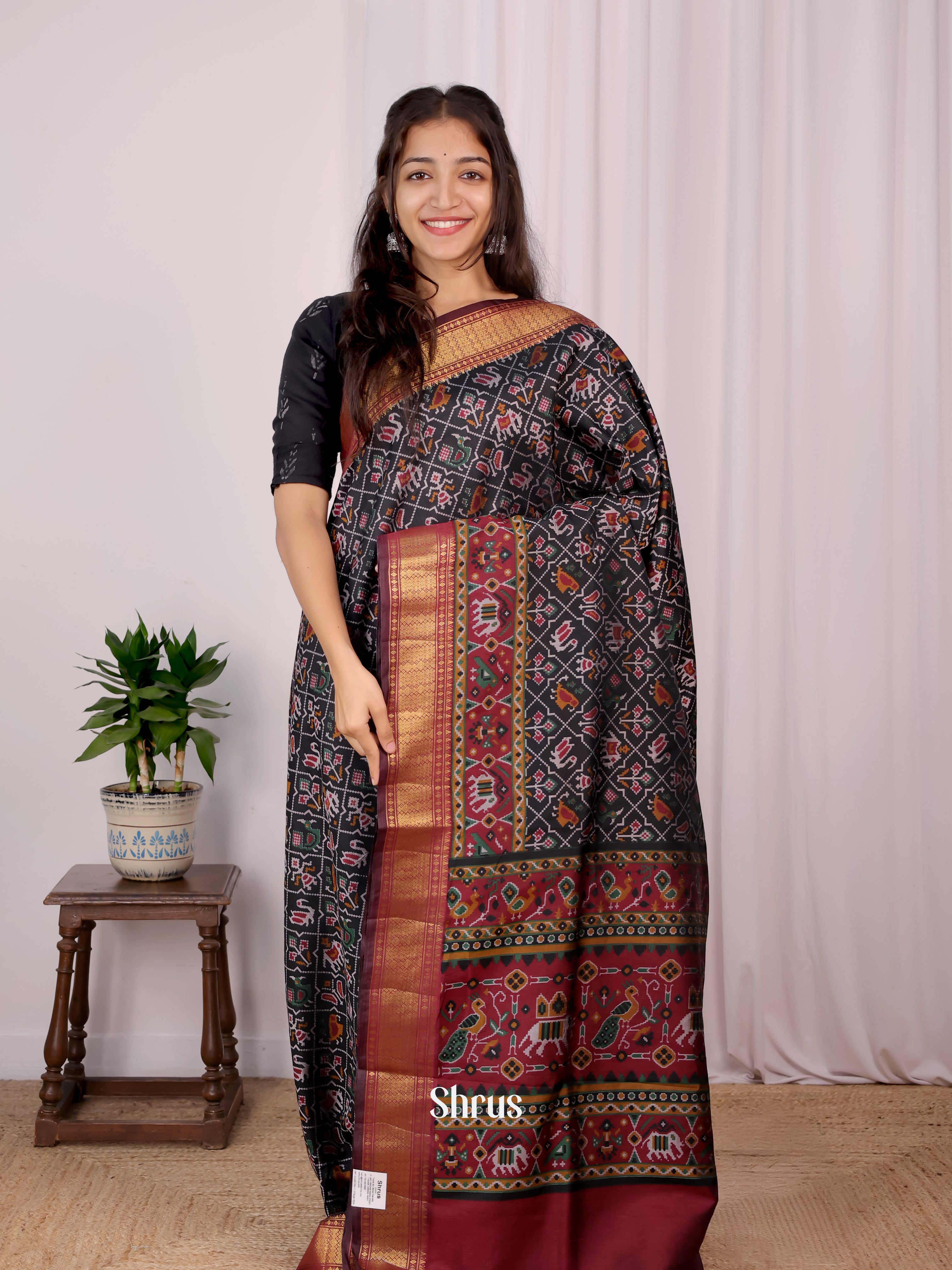 Black & Maroon - Semi Patola Saree - Shop on Shrus.com