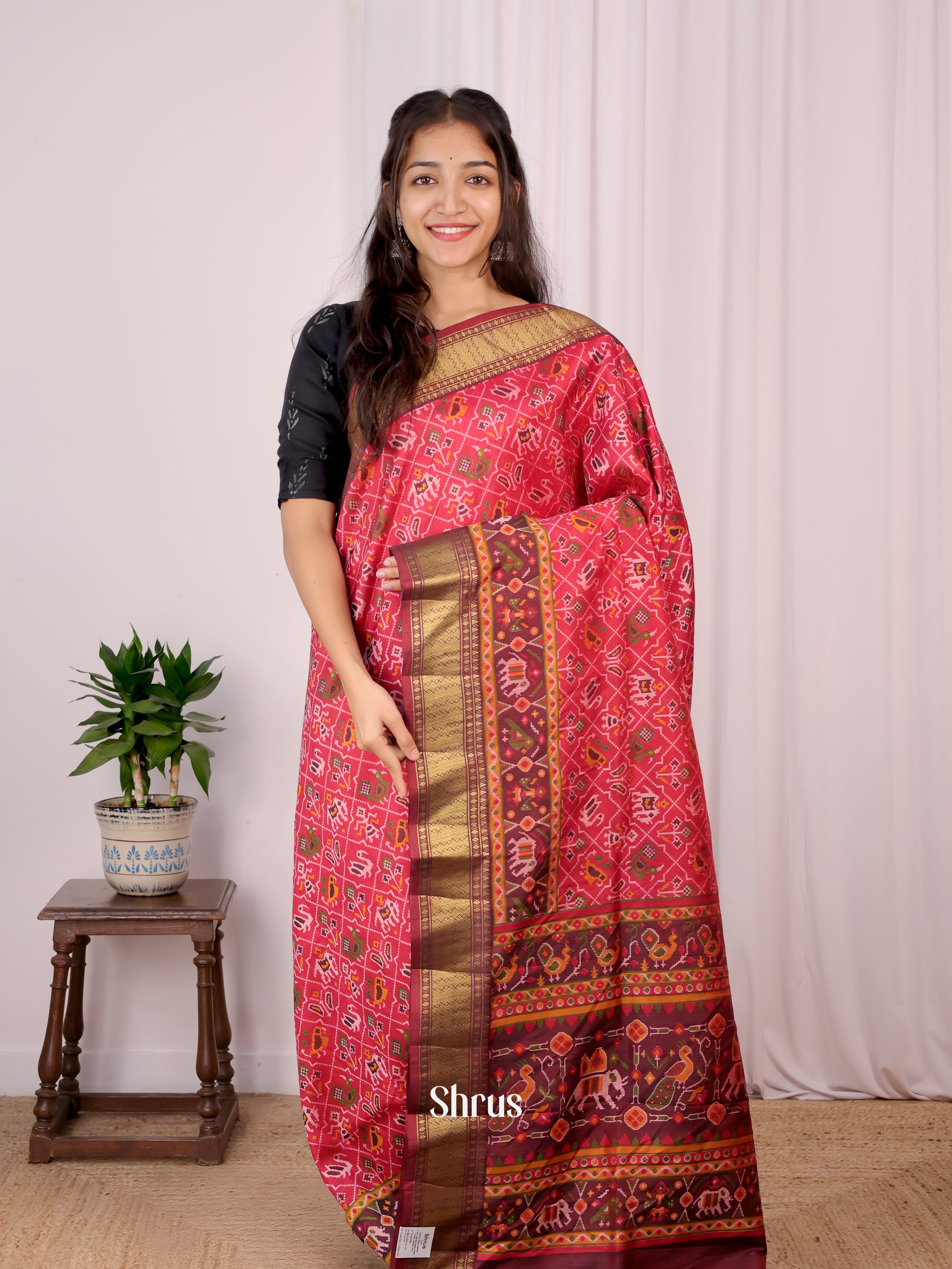 Red & Brown - Semi Patola Saree - Shop on Shrus.com