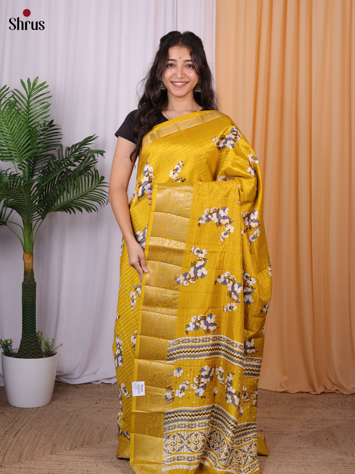 Mustard - Semi Tussar Saree - Shop on Shrus.com