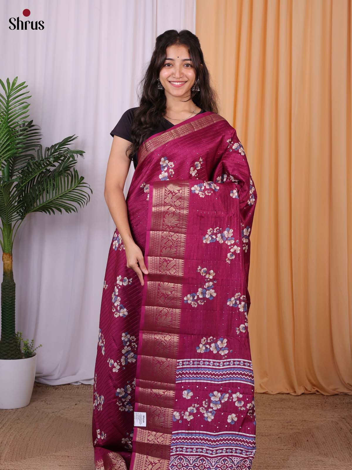 Maroon - Semi Tussar Saree - Shop on Shrus.com