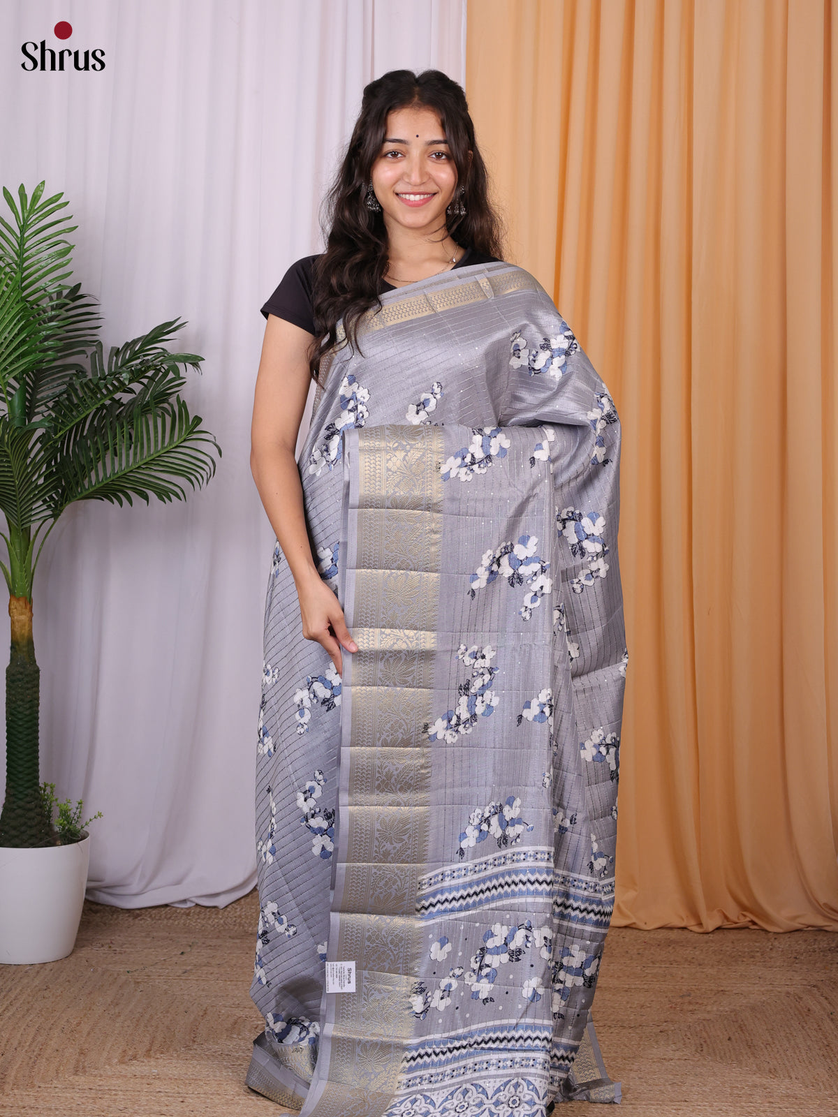 Grey - Semi Tussar Saree - Shop on Shrus.com
