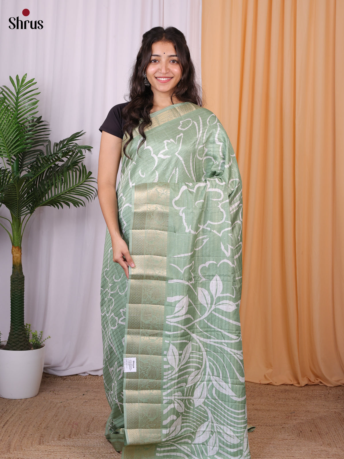 Grey Green - Semi Tussar Saree - Shop on Shrus.com