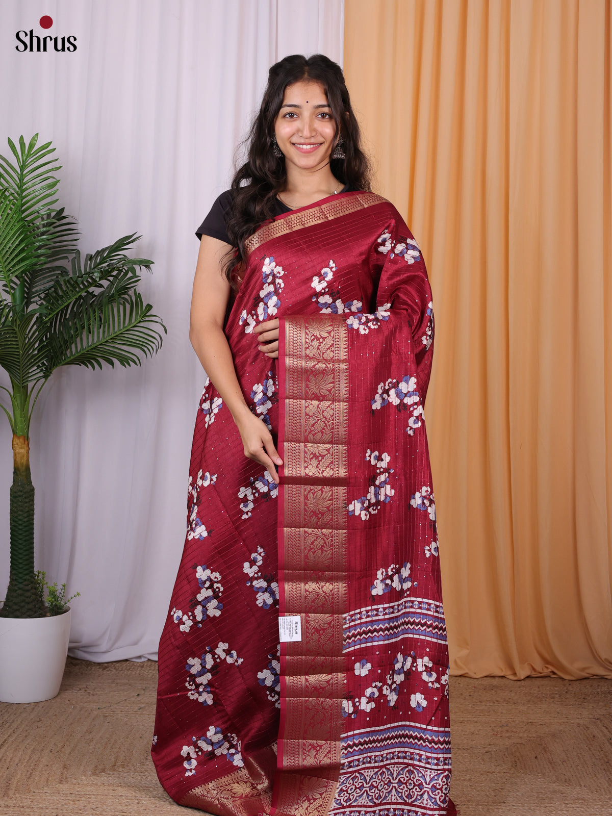 Maroon - Semi Tussar Saree - Shop on Shrus.com