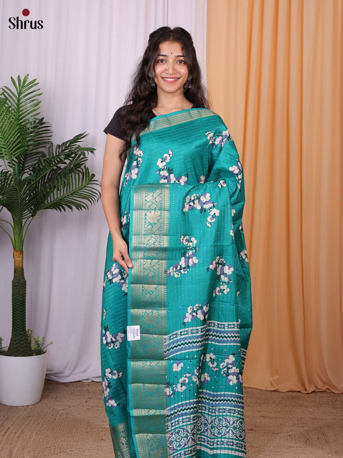 Teal - Semi Tussar Saree - Shop on Shrus.com