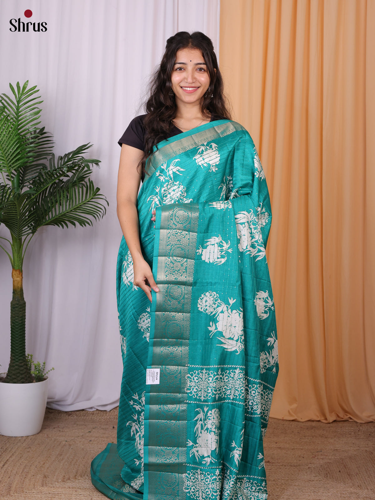 Teal- Semi Tussar Saree - Shop on Shrus.com