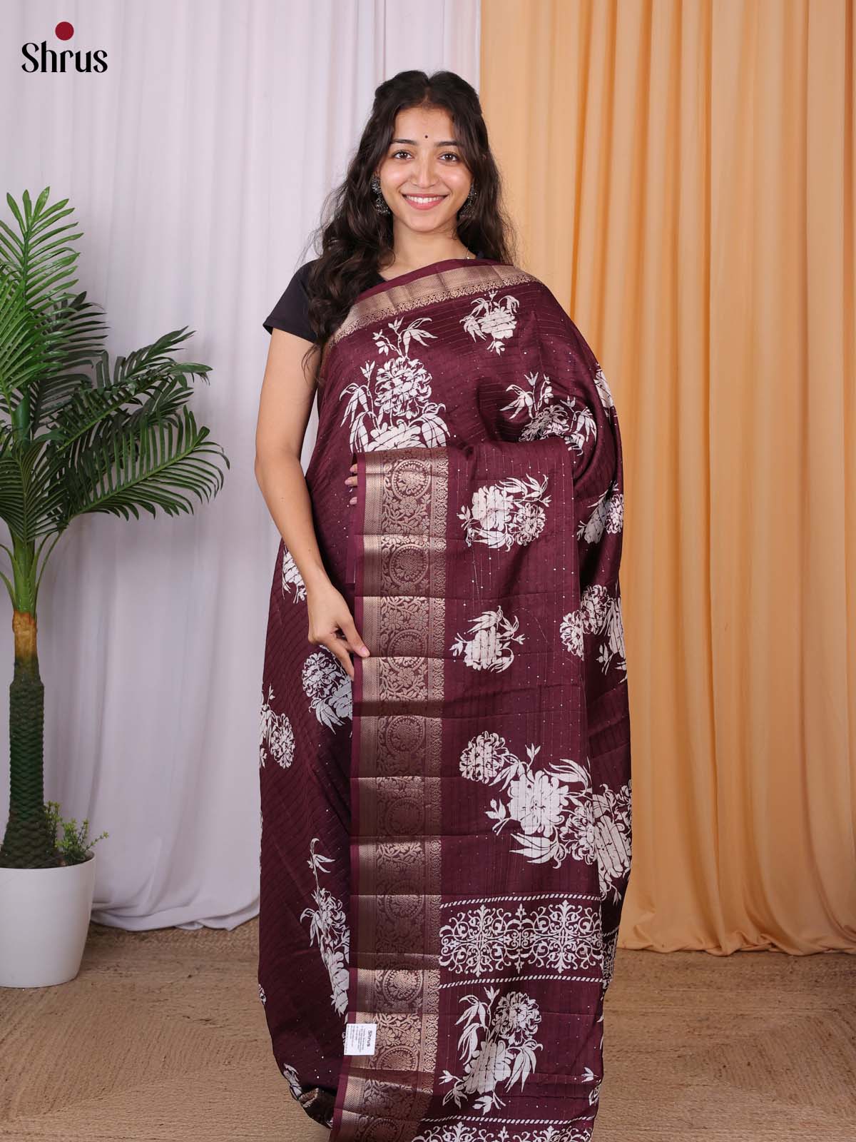Brown - Semi Tussar Saree - Shop on Shrus.com