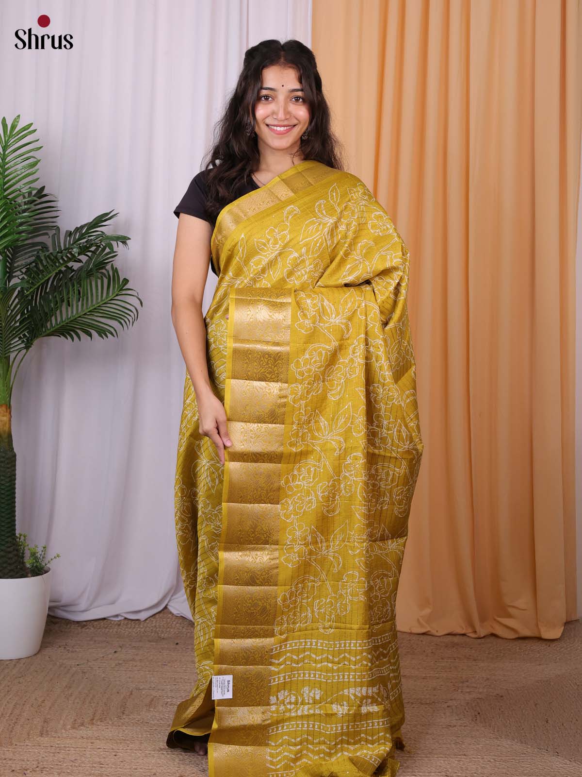 Mustardy Green - Semi Tussar Saree - Shop on Shrus.com