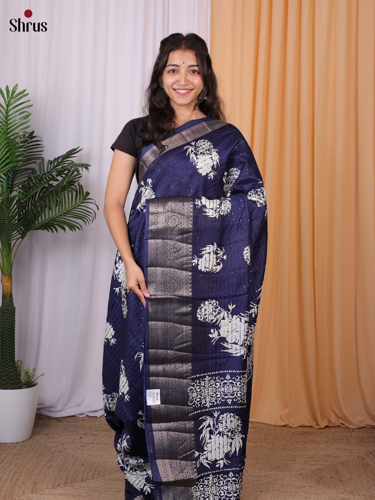 Dark Blue - Semi Tussar Saree - Shop on Shrus.com