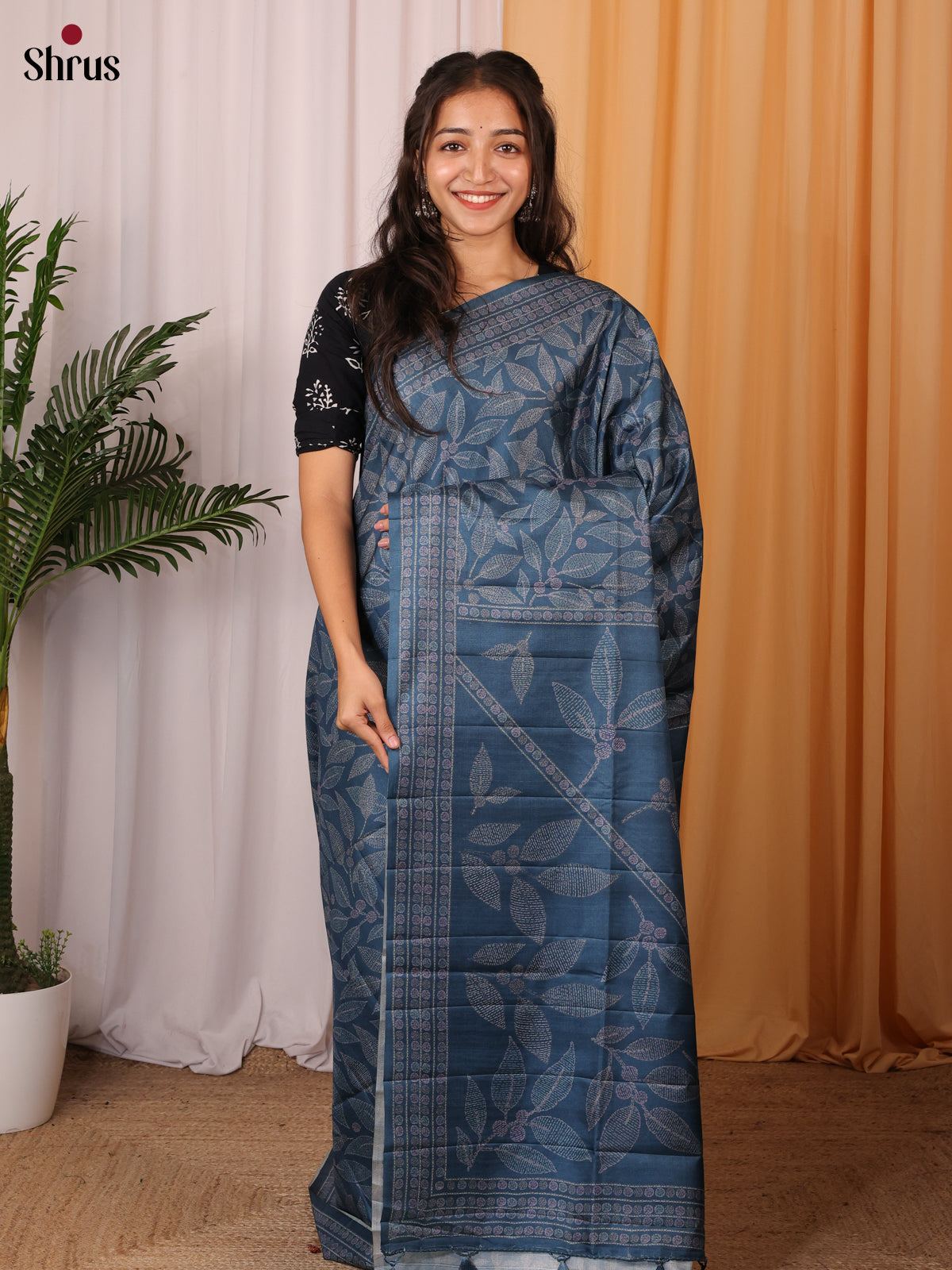 Blue - Printed Tussar Saree - Shop on Shrus.com